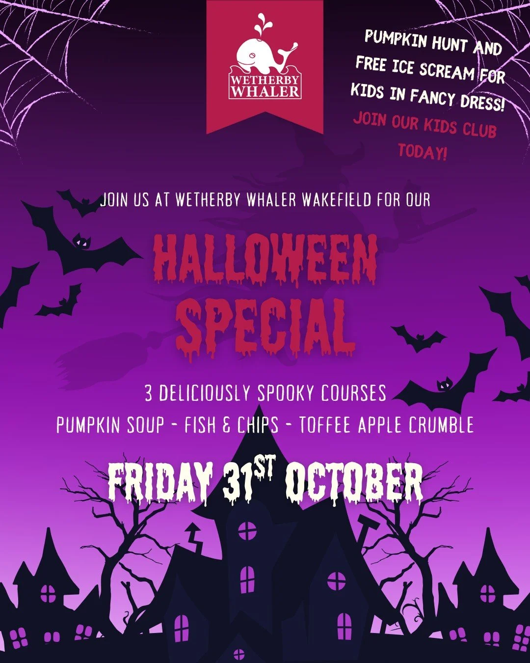 👻🎃 Join us at Wetherby Whaler Wakefield this Halloween for a scarily delicious 3-course Halloween Special - Pumpkin Soup, Fish and Chips, and Toffee Apple Crumble (plus, a pumpkin hunt and free ice cream for kids in fancy dress)&hellip; you&rsquo;l