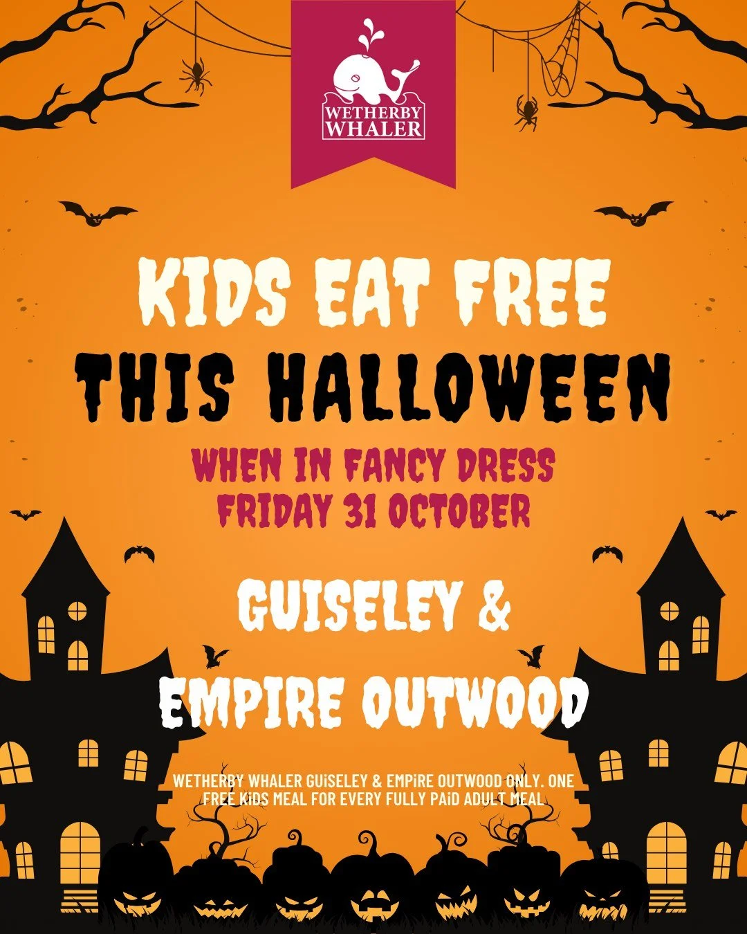 🎃👻 Kids eat free this Halloween at Wetherby Whaler Guiseley &amp; Empire Outwood when in fancy dress - an offer so good it&rsquo;s fry-tening! 👻🎃

#fishandchips #halloween #fancydress #offer