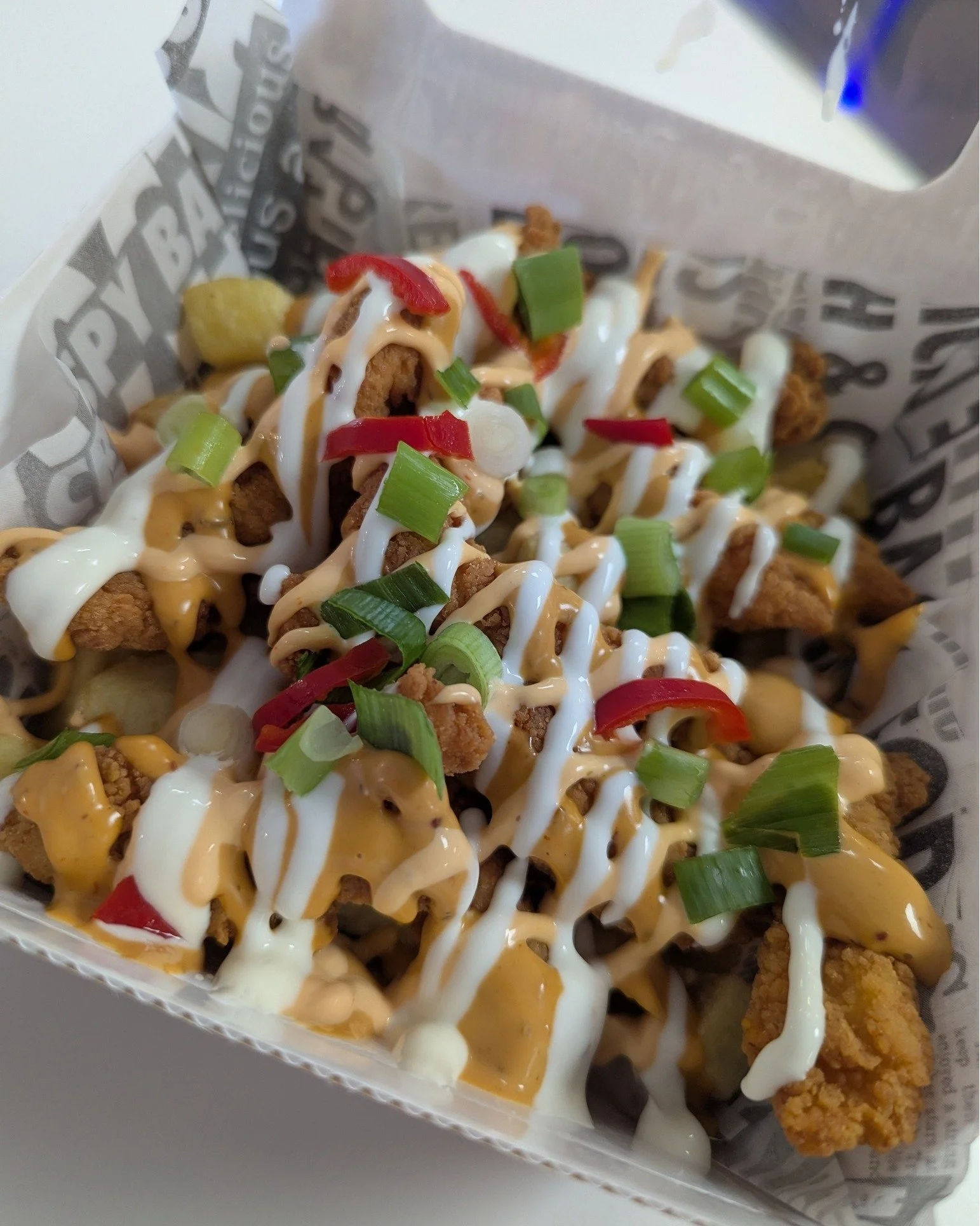 😂 This is a good one: 😂

&ldquo;Knock, knock&rdquo;

&ldquo;Who&rsquo;s there?&rdquo;

&ldquo;Battered Shredded Chicken, Chips, Sriracha Sauce, Sour Cream, Chipotle Sauce, Spring Onions and Red Chilli.&rdquo;

&ldquo;Battered Shredded Chicken, Chip