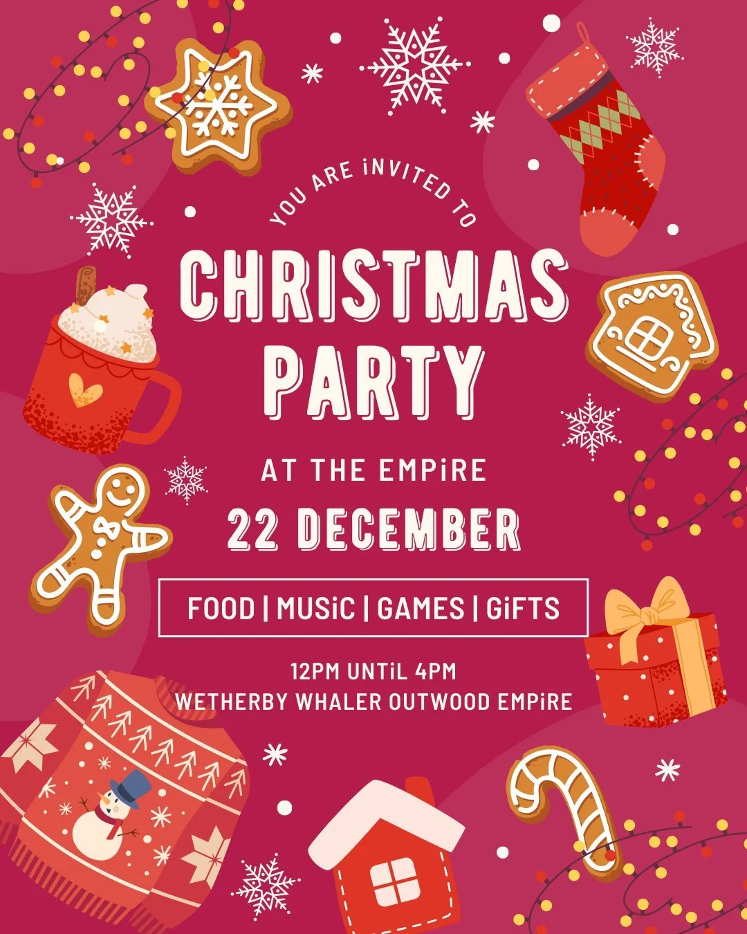 🎄🥳 Ho ho ho, it's time to party, and you are all invited to the Wetherby Whaler Outwood Empire Christmas Party! 🥳🎄

Join us on Monday, 22nd December, from 12 pm until 4 pm, for fish and chips and a whole host of festive fun:

- Party Games
- Chri