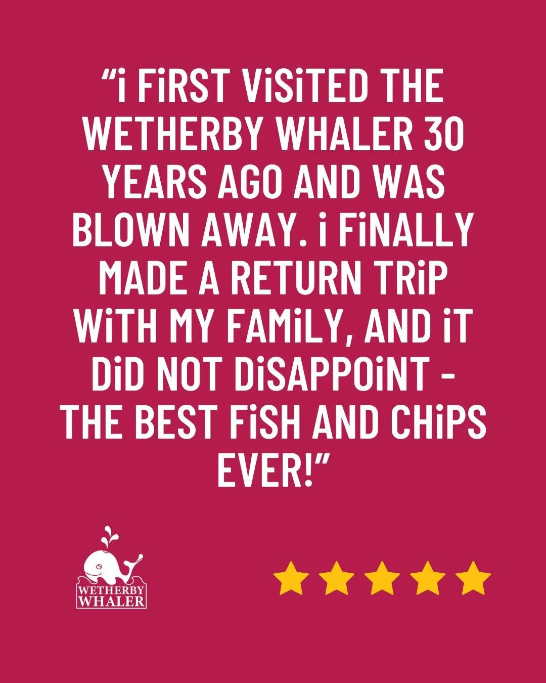 😊🙌 We love hearing from our customers, and this wonderful 5-star TripAdvisor review made our day! 🙌😊

If you are in the mood for fish and chips today, make sure you pay us a visit or load up your food delivery app to get a Whaler straight to your