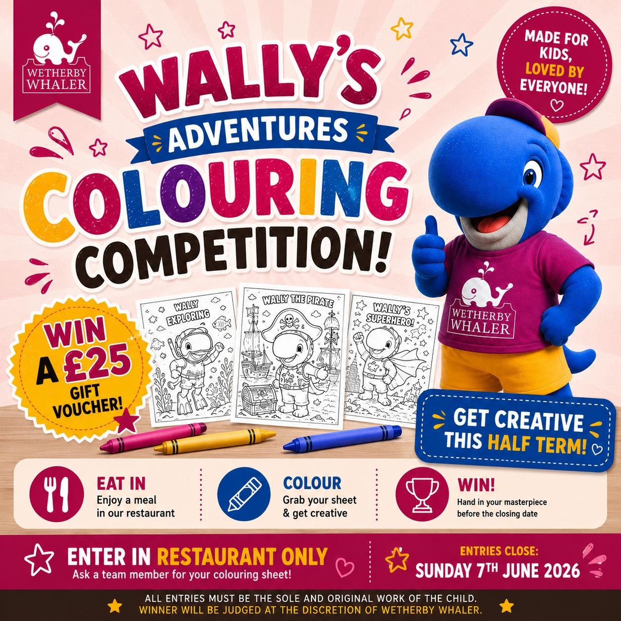 🐳🌈 Enter Wally's Adventures Colouring Competition, and you could WIN a &pound;25 gift voucher - ask your server for a colouring sheet! 🌈🐳

 #fishandchips #dinein #competition
