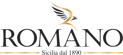 Logo avec un oiseau stylisé en or et noir au-dessus du mot 'ROMANO' et le texte 'Sicilia dal 1890' en dessous.