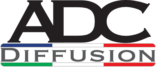 Logo de la société ADC Diffusion avec le texte 'ADC' en haut, 'Diffusion' en bas, et une bande avec les couleurs du drapeau français (bleu, blanc, rouge) entre les deux