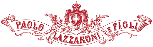 Logo de la maison de charcuterie italienne 'Palo Figli' avec un bouclier, une couronne, et des feuilles d'olivier, en rouge et blanc.