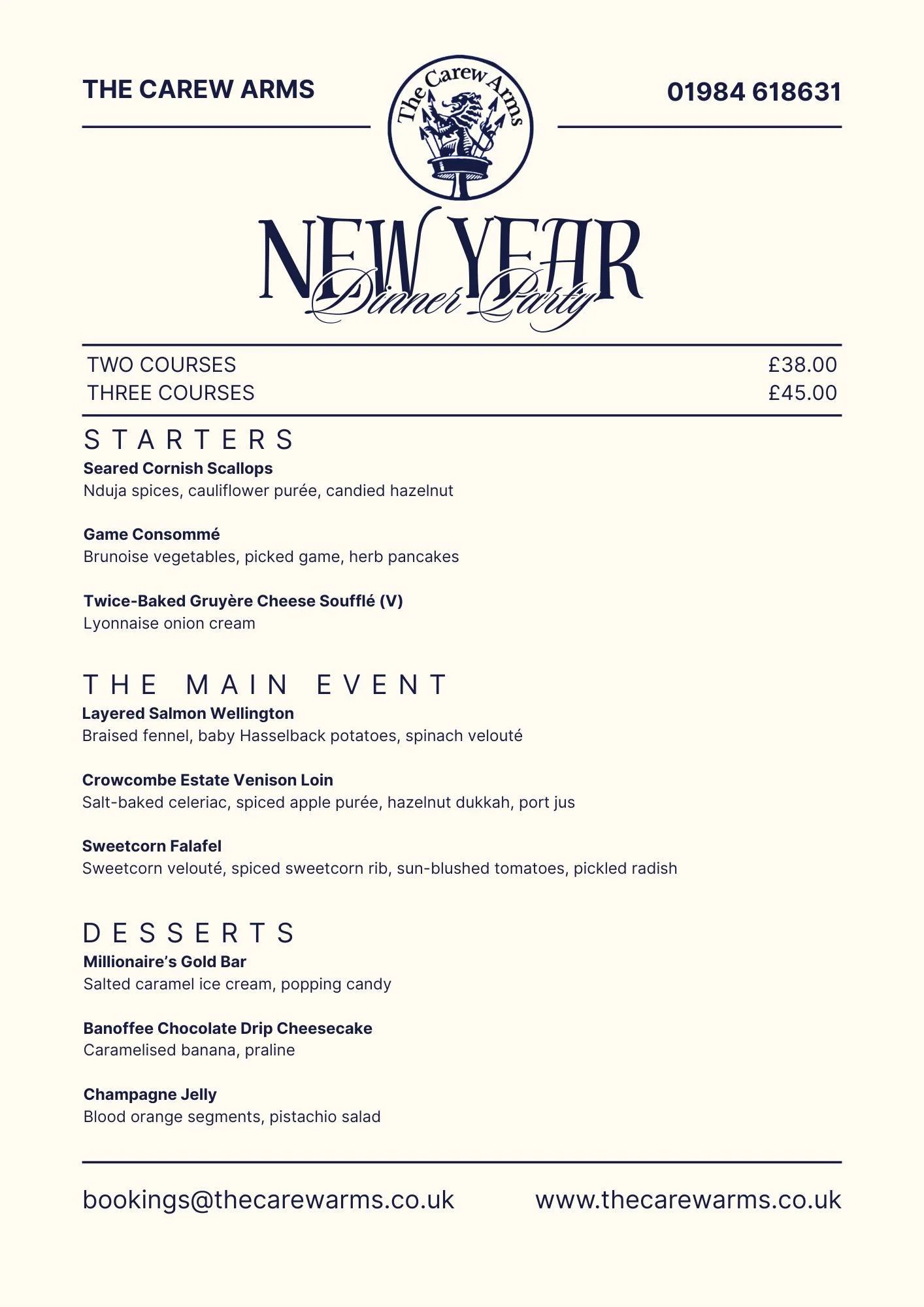Carew Arms New Years Menu