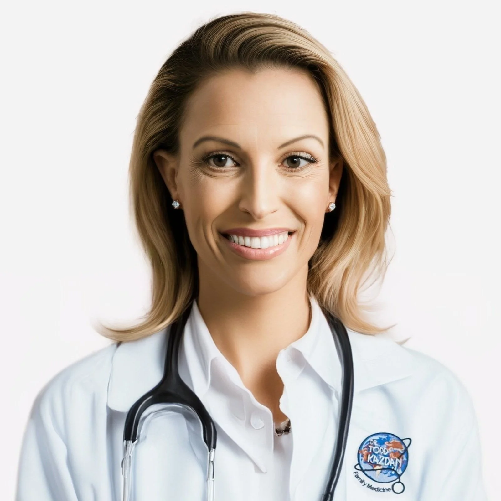 A smiling female doctor with shoulder-length blonde hair, wearing a white coat and a stethoscope, with an embroidered badge on the coat.
