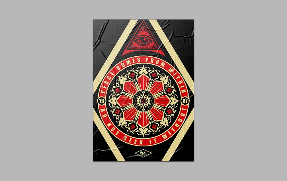 Graphic design featuring a central red flower surrounded by black and cream patterns, with the text 'Peace Comes From Within, Not Seek It With Lip.' Includes an eye symbol and the date 1987.