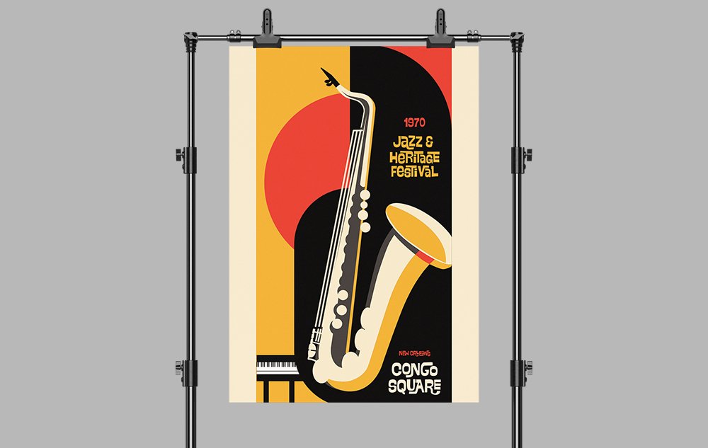 Vintage poster for the 1970 Jazz & Heritage Festival in New Orleans featuring a stylized saxophone and a musical theme.