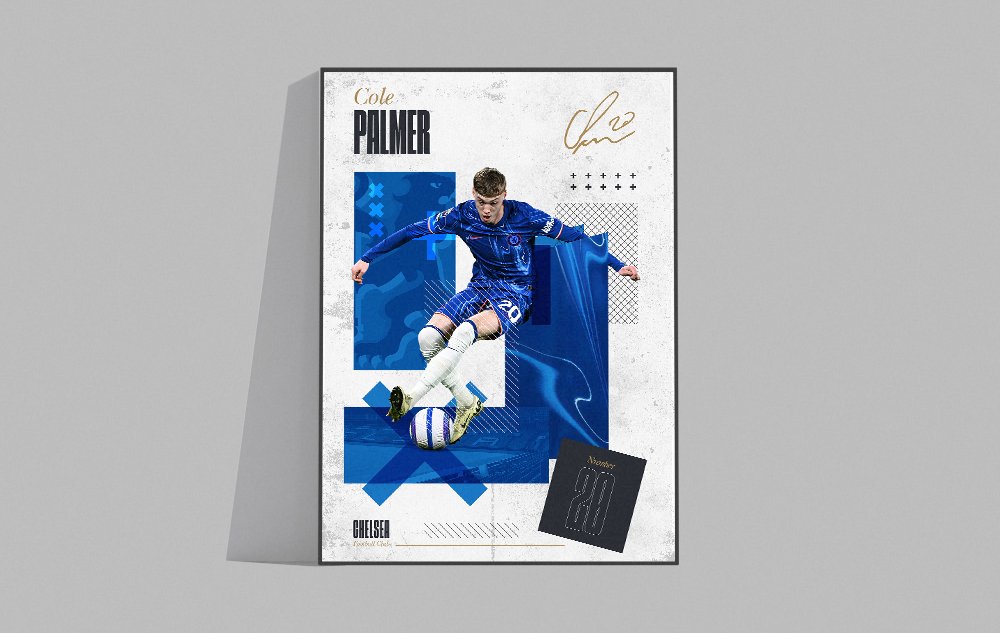 Sports poster of football player Cole Palmer in Chelsea uniform, kicking a soccer ball, with stylized abstract blue background, signature, and text.