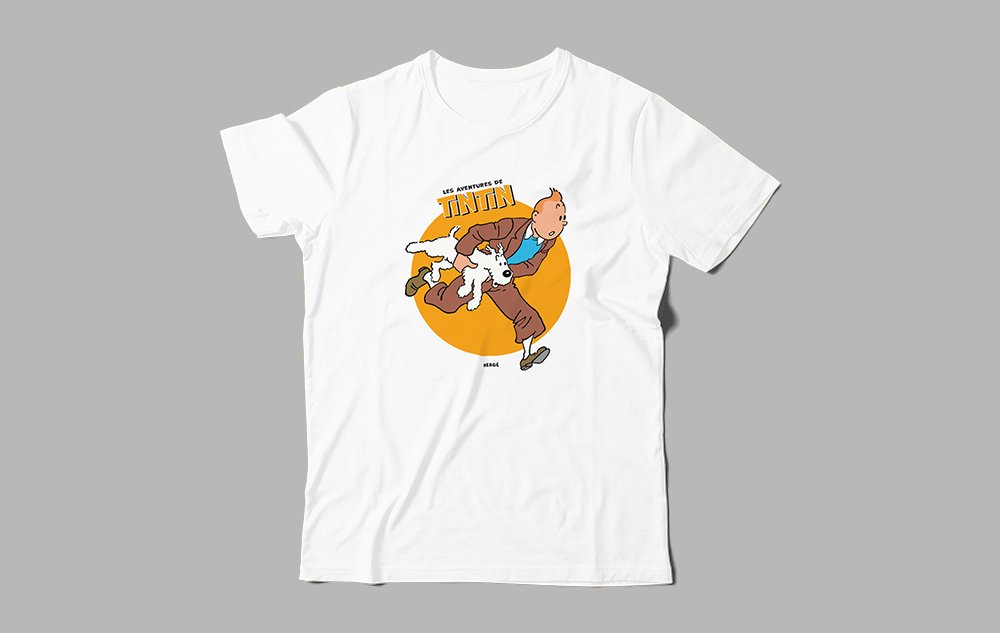White T-shirt featuring Tintin and Snowy in a running pose with a yellow circle background and French text 'Les Aventures de Tintin'.