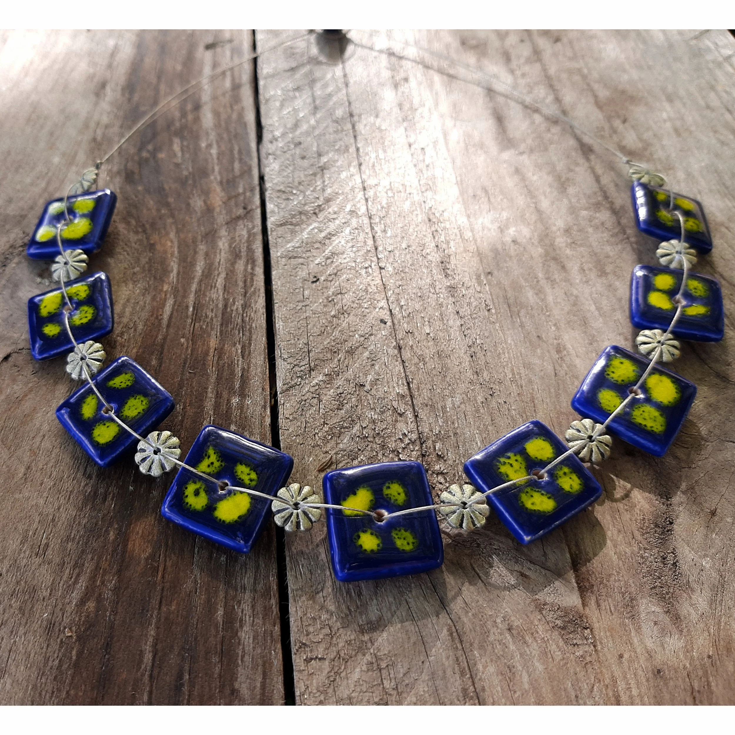 Handmade square ceramic necklace, bicolor, blue and yellow