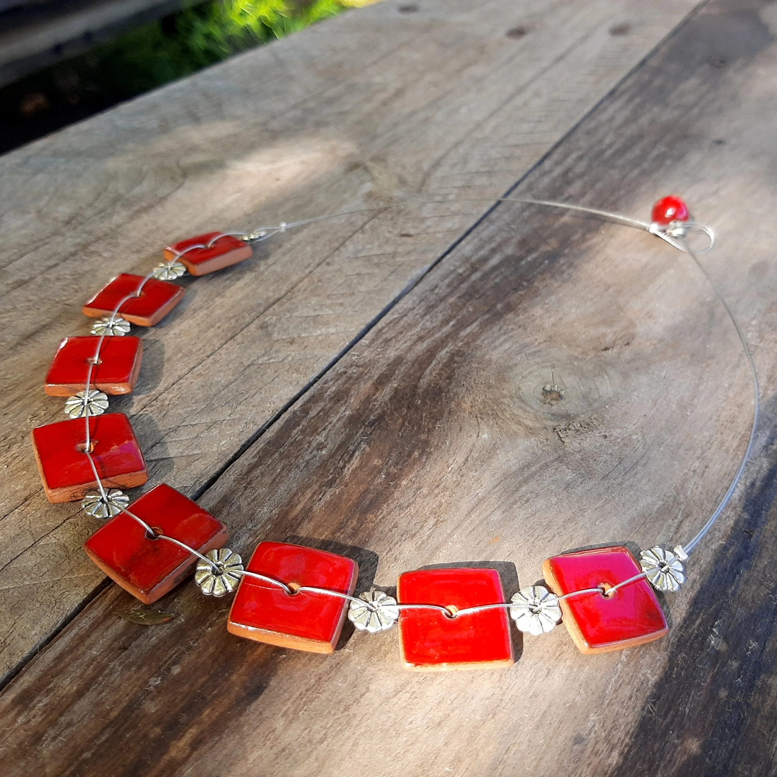 Handmade square ceramic necklace, dark red