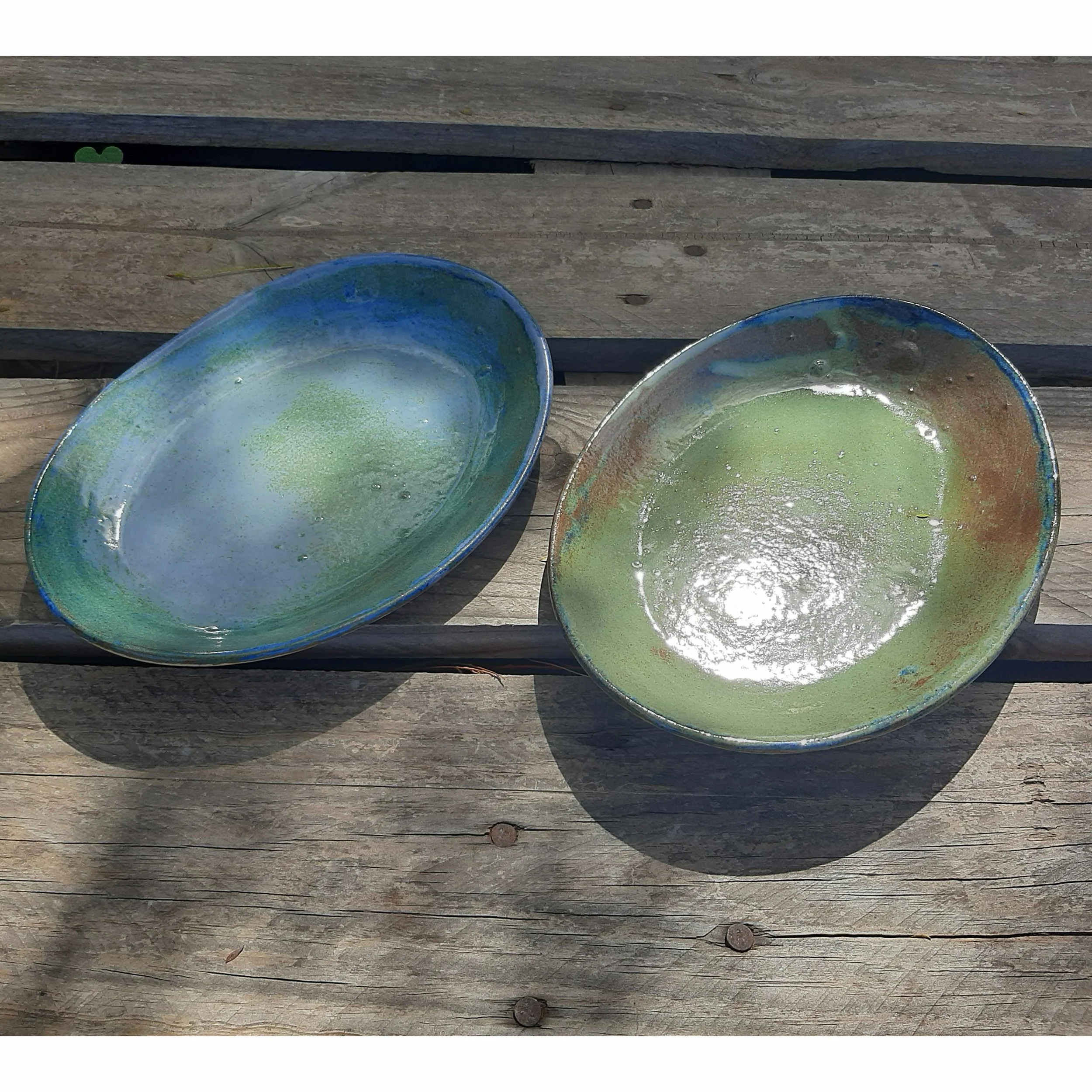 Handmade Ceramic oval dinner plate, blue green with effect, stoneware