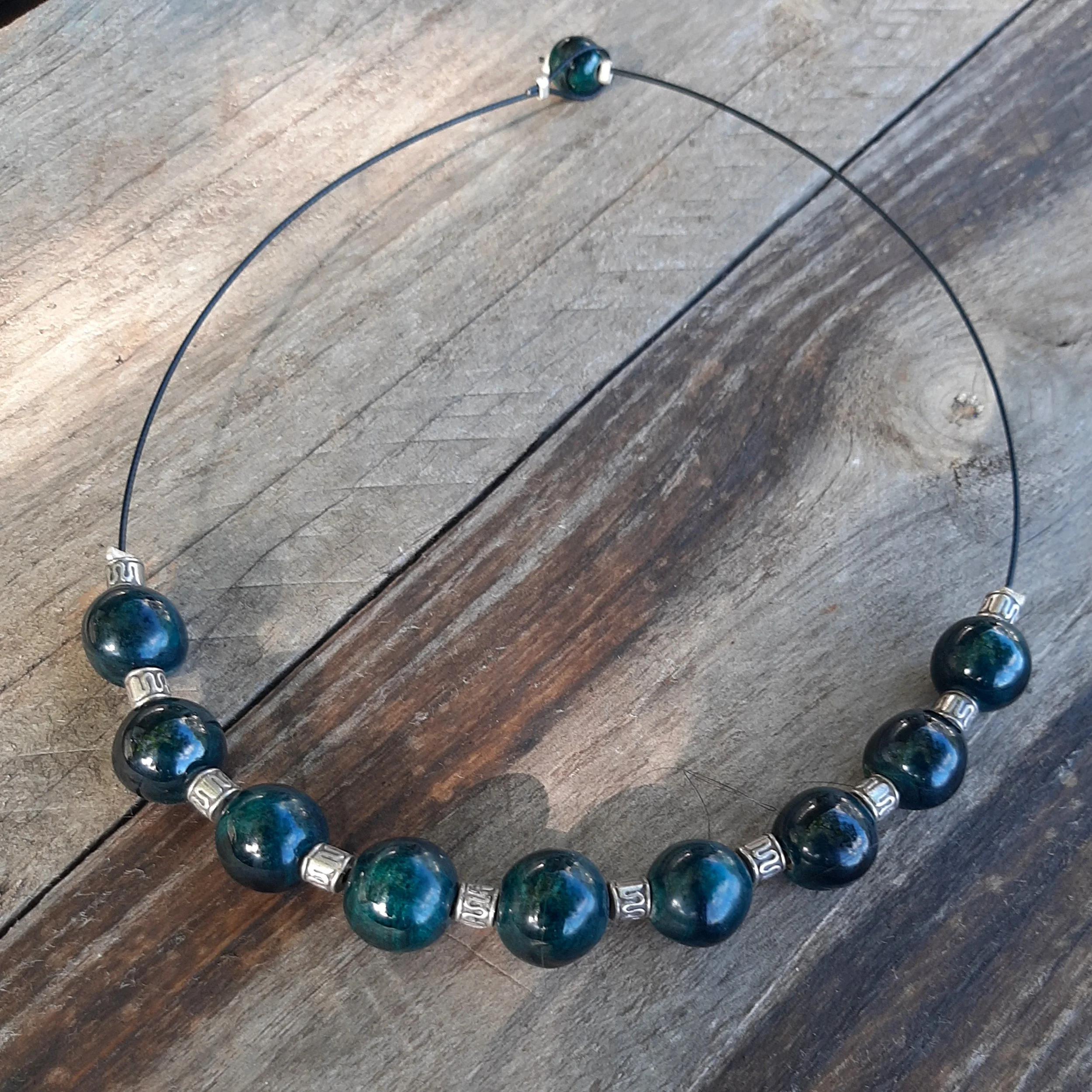 Handmade ceramic balls necklace, dark green