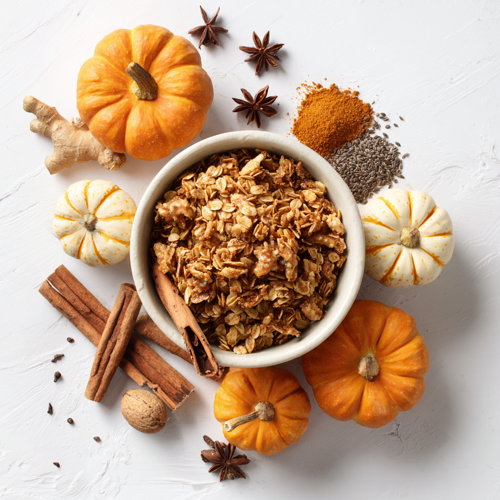 A bowl of apple crisp surrounded by mini pumpkins, cinnamon sticks, whole nutmeg, star anise, and pumpkin pie spice on a white surface.