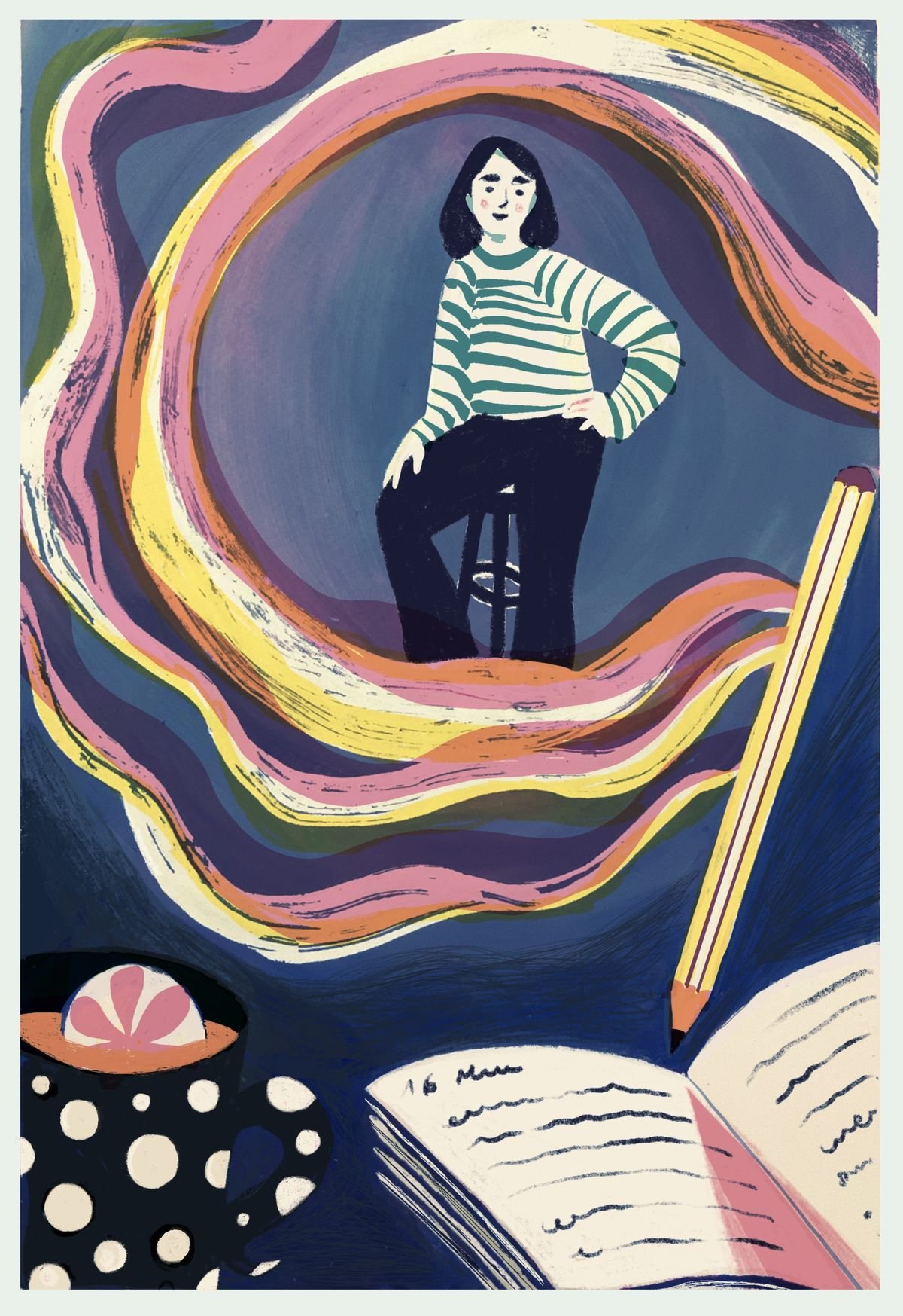 An artistic painting of a woman with short black hair wearing a green and white striped shirt sitting on a stool. The background is filled with colorful swirling brushstrokes, resembling a dream or imaginative scene. In the foreground, there is an op