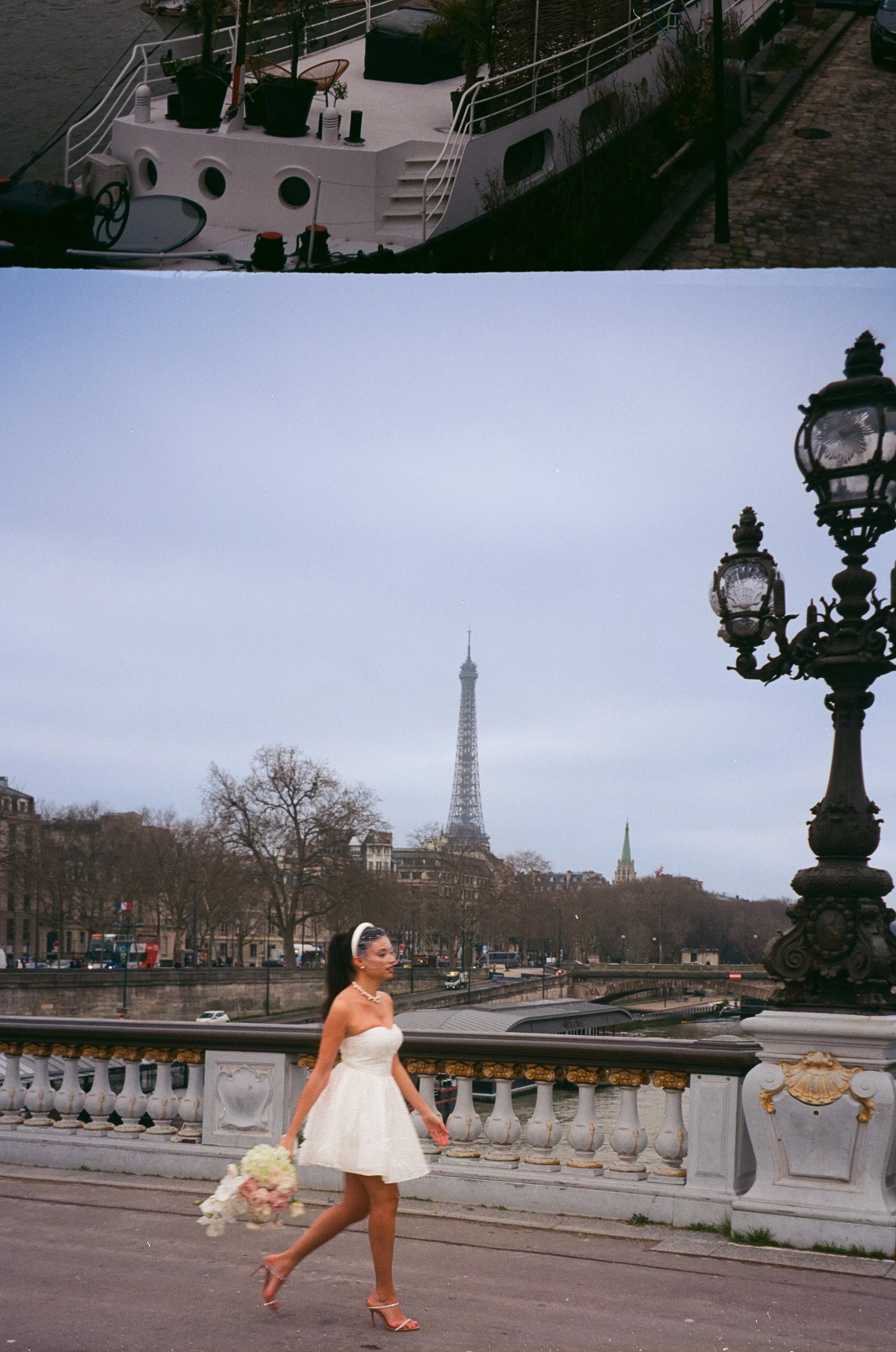 A woman in a white dress walking along a bridge in Paris, carrying a bouquet of flowers, with the Eiffel Tower in the background and cloudy sky.