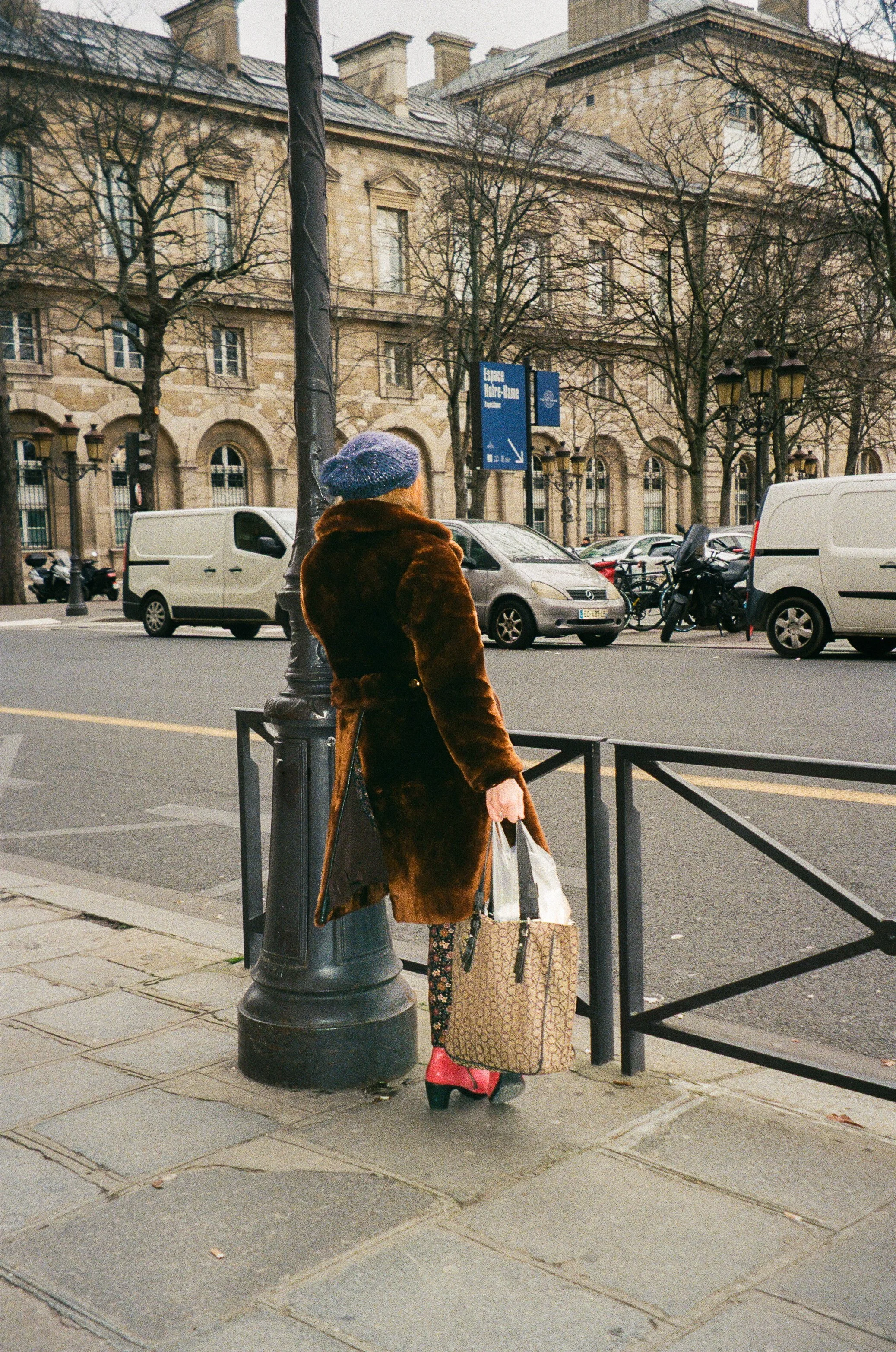 A woman wearing a brown fur coat and a purple hat stands on a city sidewalk near a lamppost, holding a patterned shopping bag and wearing red shoes with black heels, with a busy street and classical European-style buildings in the background.