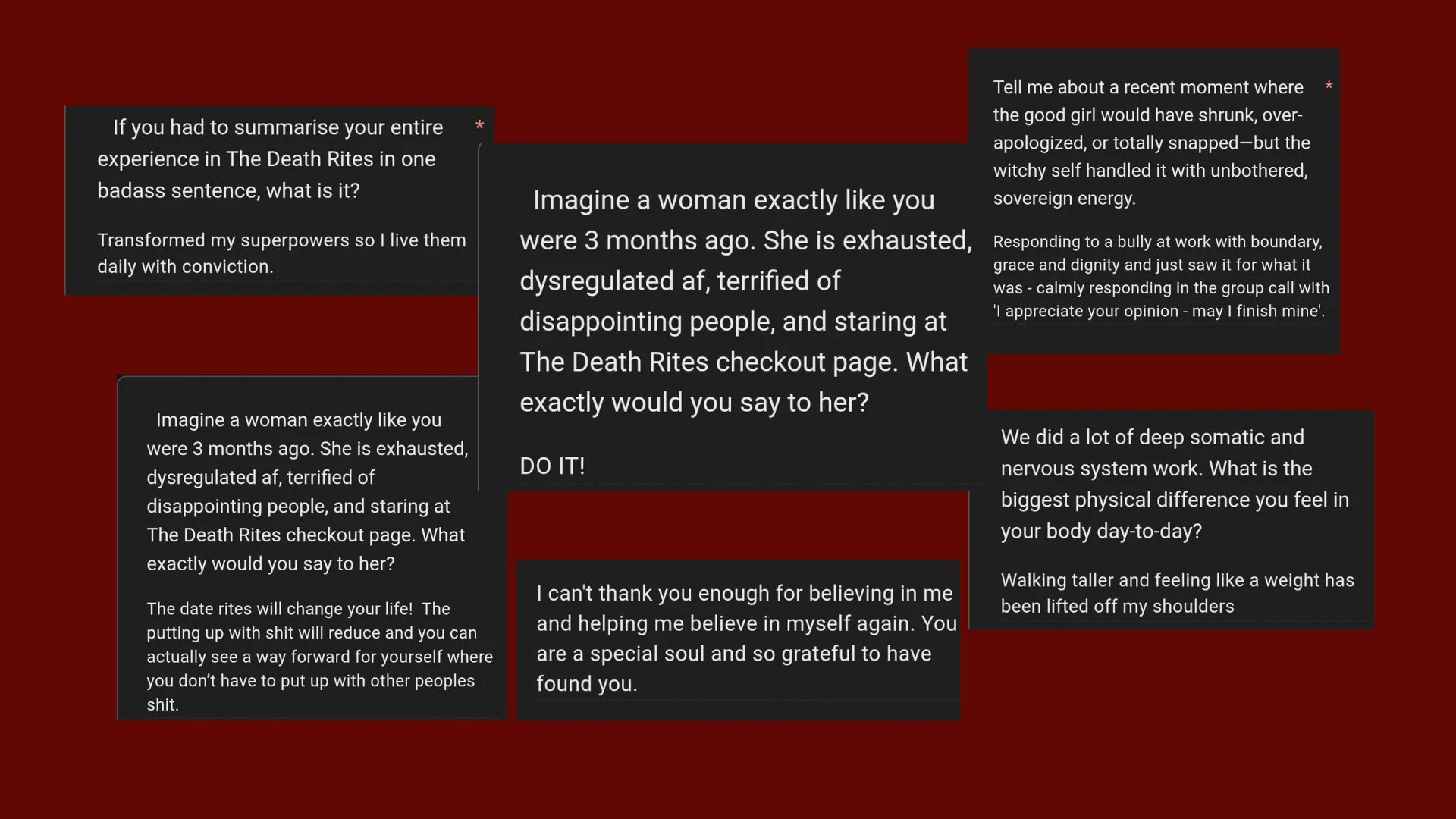 Collage of black text boxes with white text on a dark red background, containing questions and responses about personal experiences and opinions.
