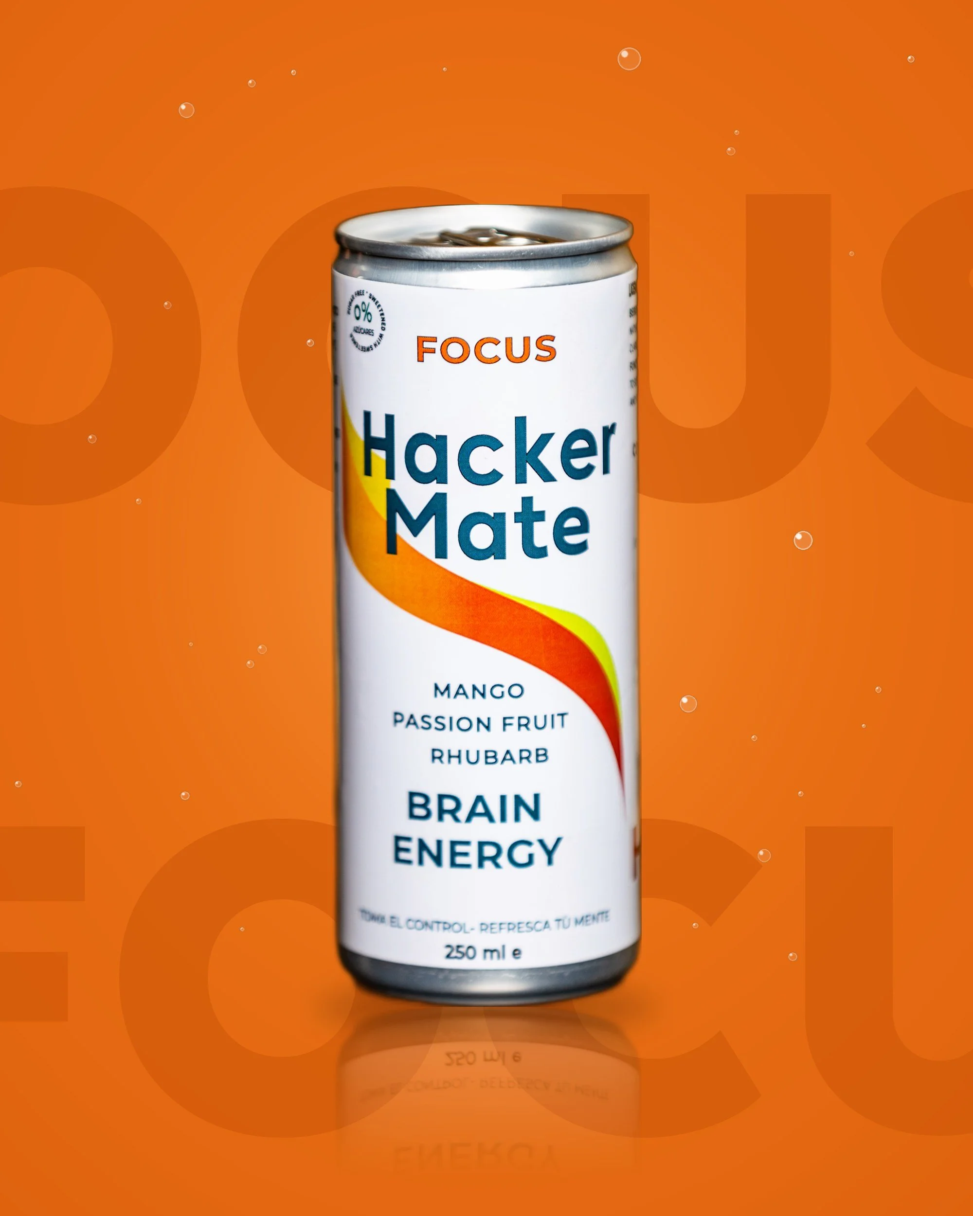 Can of Hacker Mate Focus, a yerba mate soft drink with mango, passion fruit and rhubarb