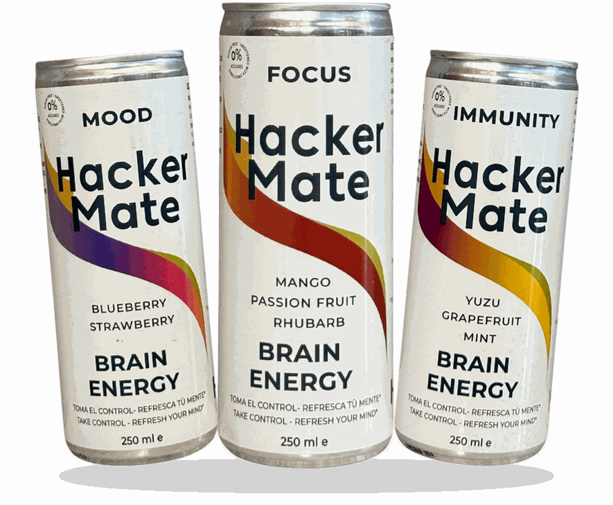 Latas de Hacker Mate Mood, Focus e Immunity, refresco de yerba mate sin azúcar