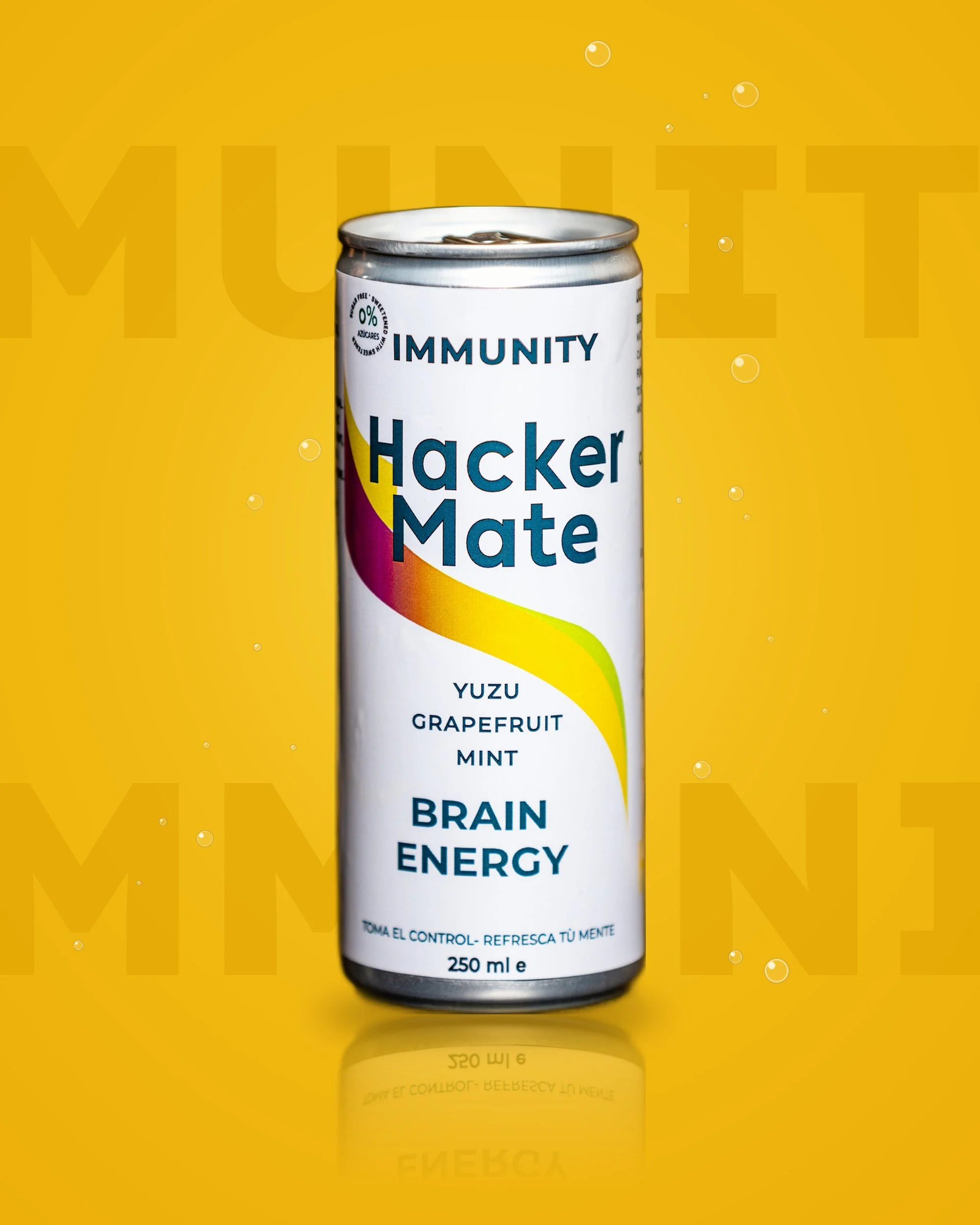 Can of Hacker Mate Immunity, a yerba mate soft drink with yuzu, grapefruit and mint