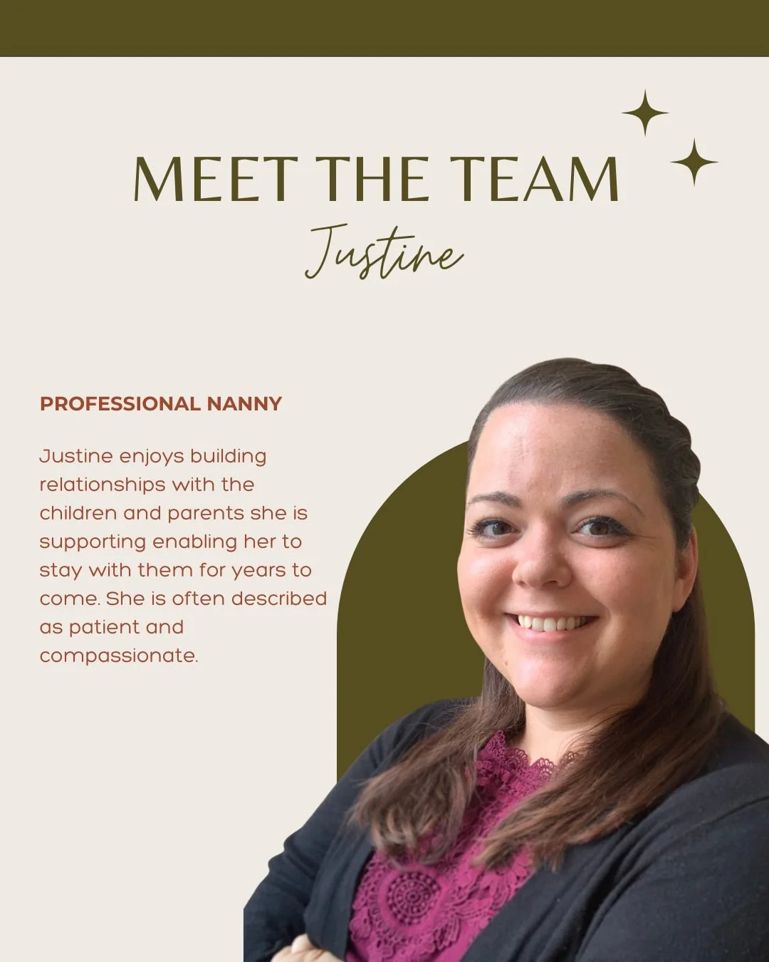 🌟 Meet The Team 🌟

Justine is a patient, compassionate Career Nanny with over 12 years of experience and a heart for building long-term connections with families. 💙  Whether she&rsquo;s baking cookies, playing board games, or crafting with little 