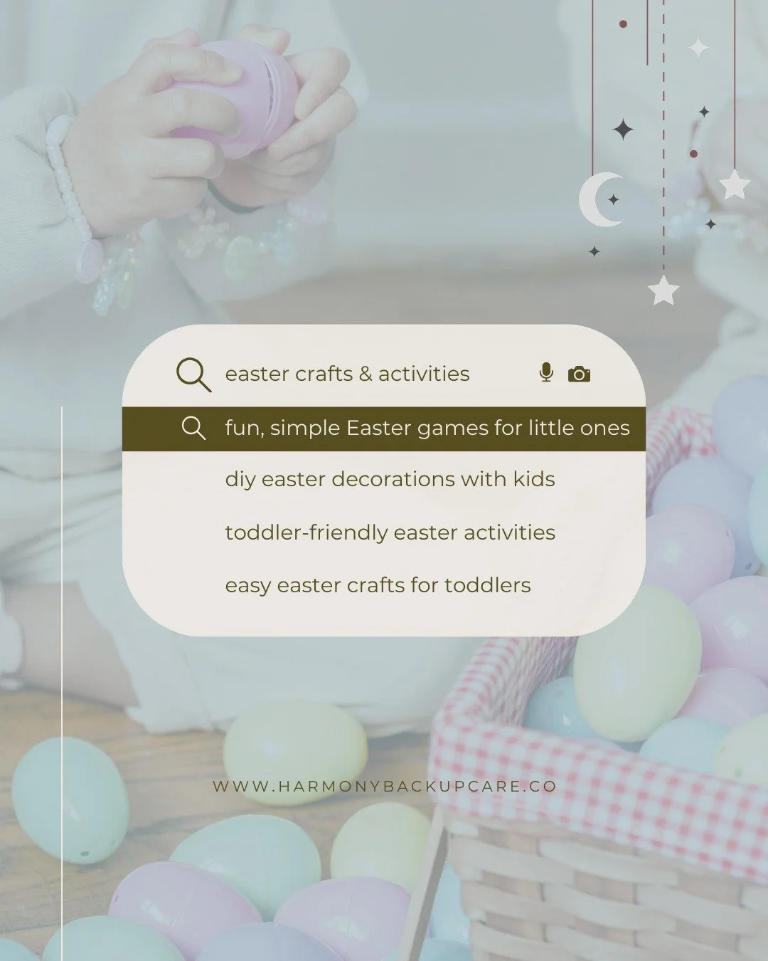Keep Easter simple and fun with easy crafts for toddlers! 💚 From colorful eggs to bunny-themed projects, little hands can create, explore, and make memories that last long after the holiday. 🐰🎨

#harmonybackupcare #momlife #toddlers #parentingtips