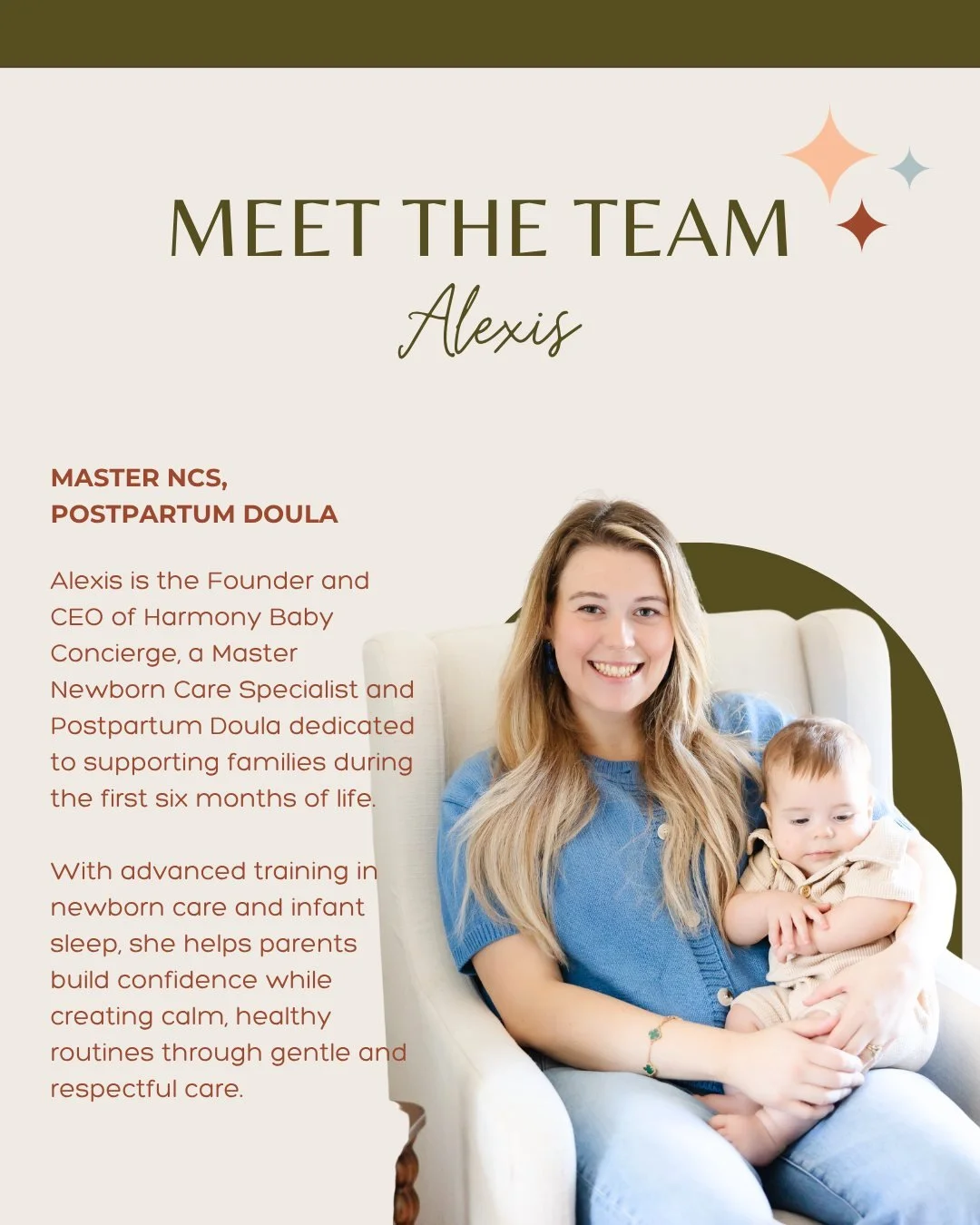 🌟 Meet The Team 🌟

Meet Alexis 💙 The heart and vision behind Harmony Backup Care. As a Master Newborn Care Specialist and Postpartum Doula, she is passionate about supporting families through the early stages of parenting with gentle, respectful c
