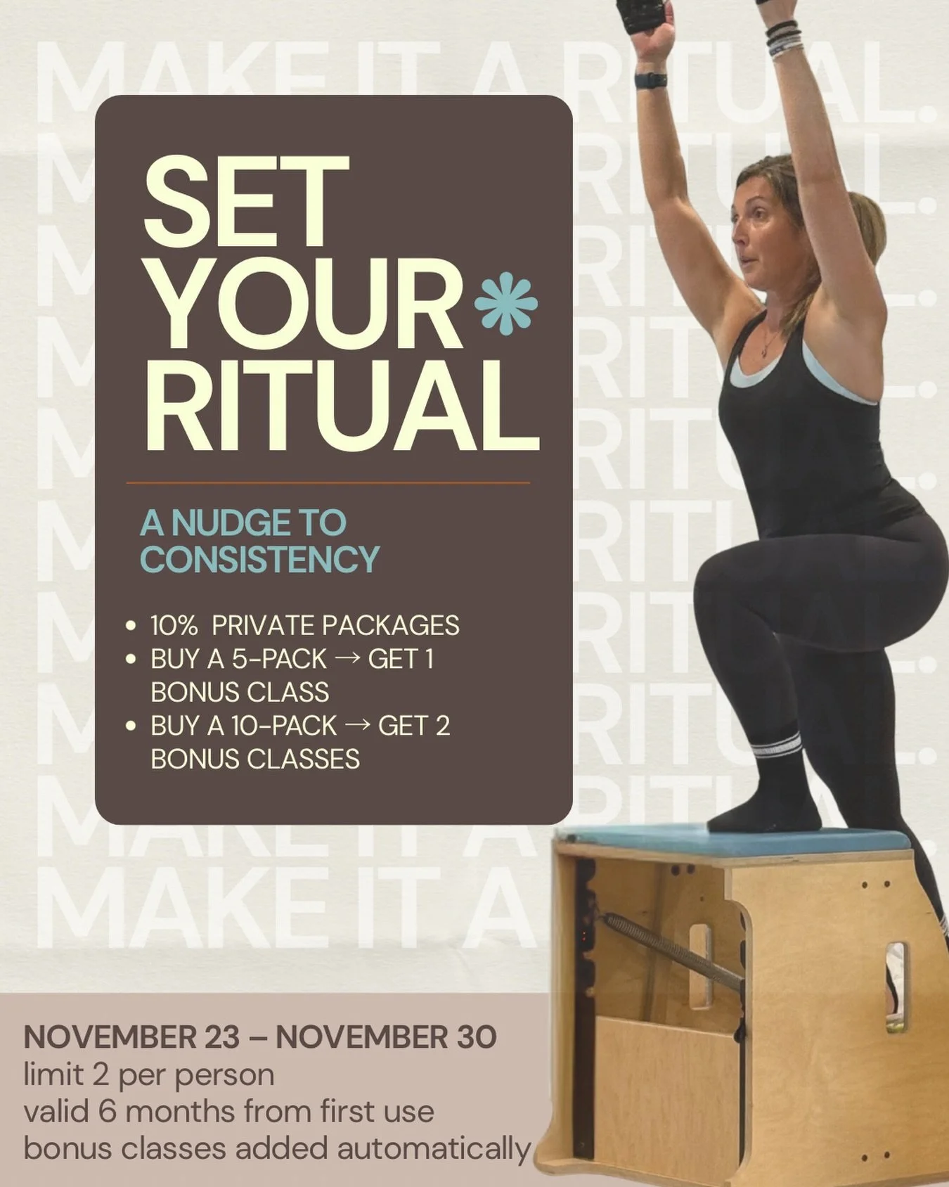 support your local pilates teachers 🫡

a seasonal offering to keep you in studio + offline. it&rsquo;s fiscally responsible!

PRIVATE SESSIONS:
〰️ use code NOTSHOPPING for 10% off all private packages
GROUP CLASSES:
〰️ buy a 5 class pack, get one cl