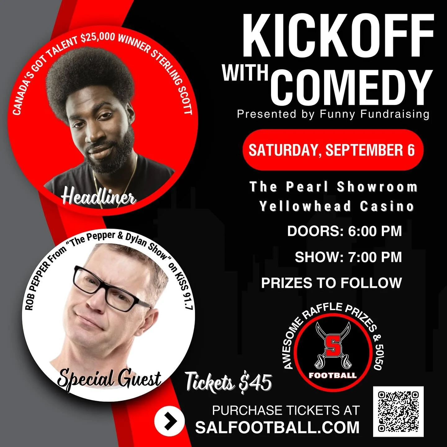 Here it is, folks!! Kickoff with Comedy, our Salisbury Sabres Football Fall Fundraiser!
Instead of the pub night, this year we’re bringing the laughs! Join us for an unforgettable evening featuring hilarious comics, awesome prizes, and great c