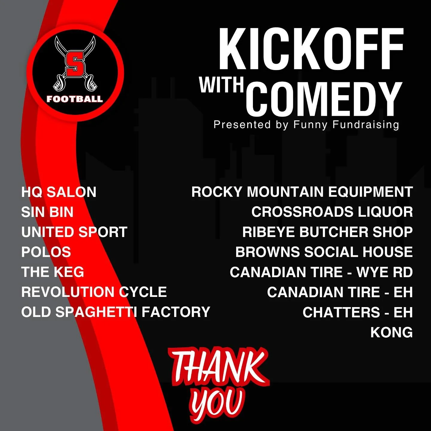 Big thanks to the amazing companies who donated items to our Kickoff with Comedy Fundraiser. Your generosity helps support SAL Football and makes events like this possible! #CommunitySupport #SALFootball #KickoffWithComedy
#SABREPRIDE🔴⚔️⚫️
#PTS🗡️