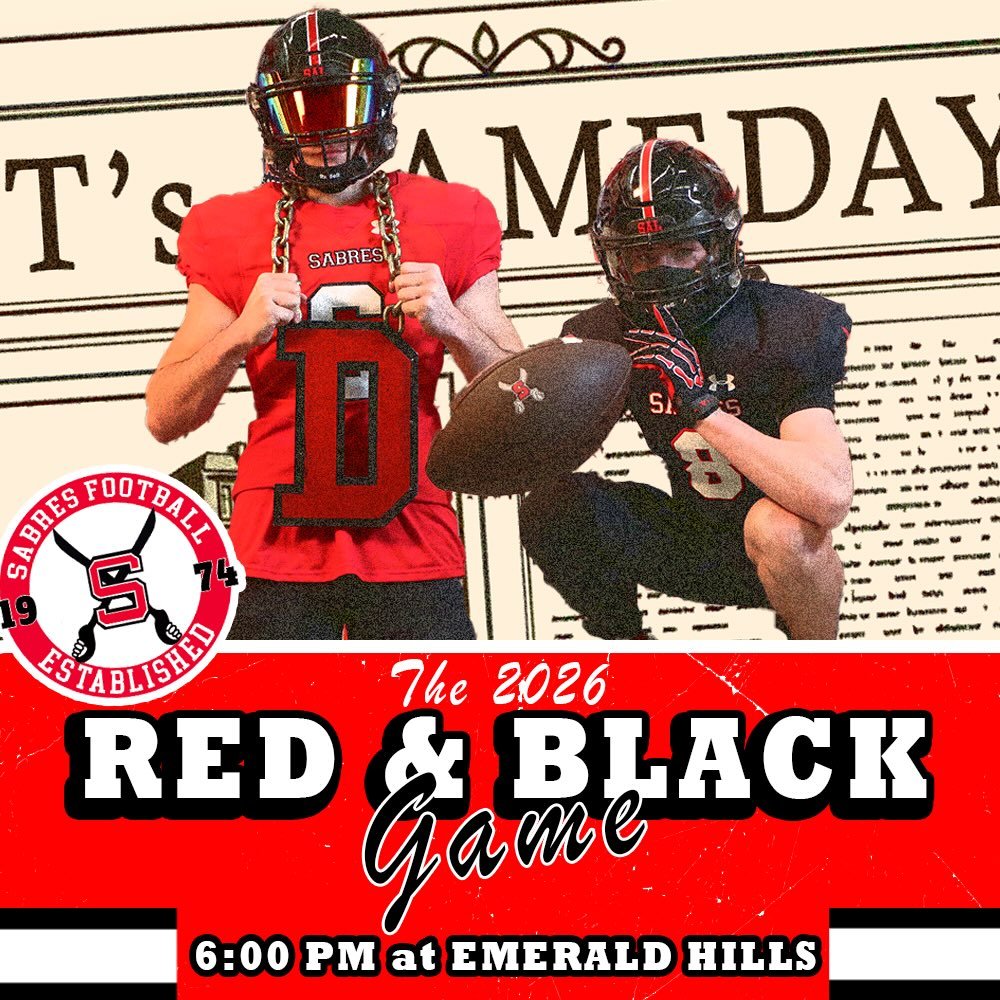 It&rsquo;s Gameday at Emerald‼️

𝓣𝓮𝓪𝓶 𝓡𝓮𝓭 𝓿𝓼 𝓣𝓮𝓪𝓶 𝓑𝓵𝓪𝓬𝓴
🕕6:00 PM
📍Emerald Hills Sports Pavilion

#SABREPRIDE🔴⚔️⚫️
#BOSS