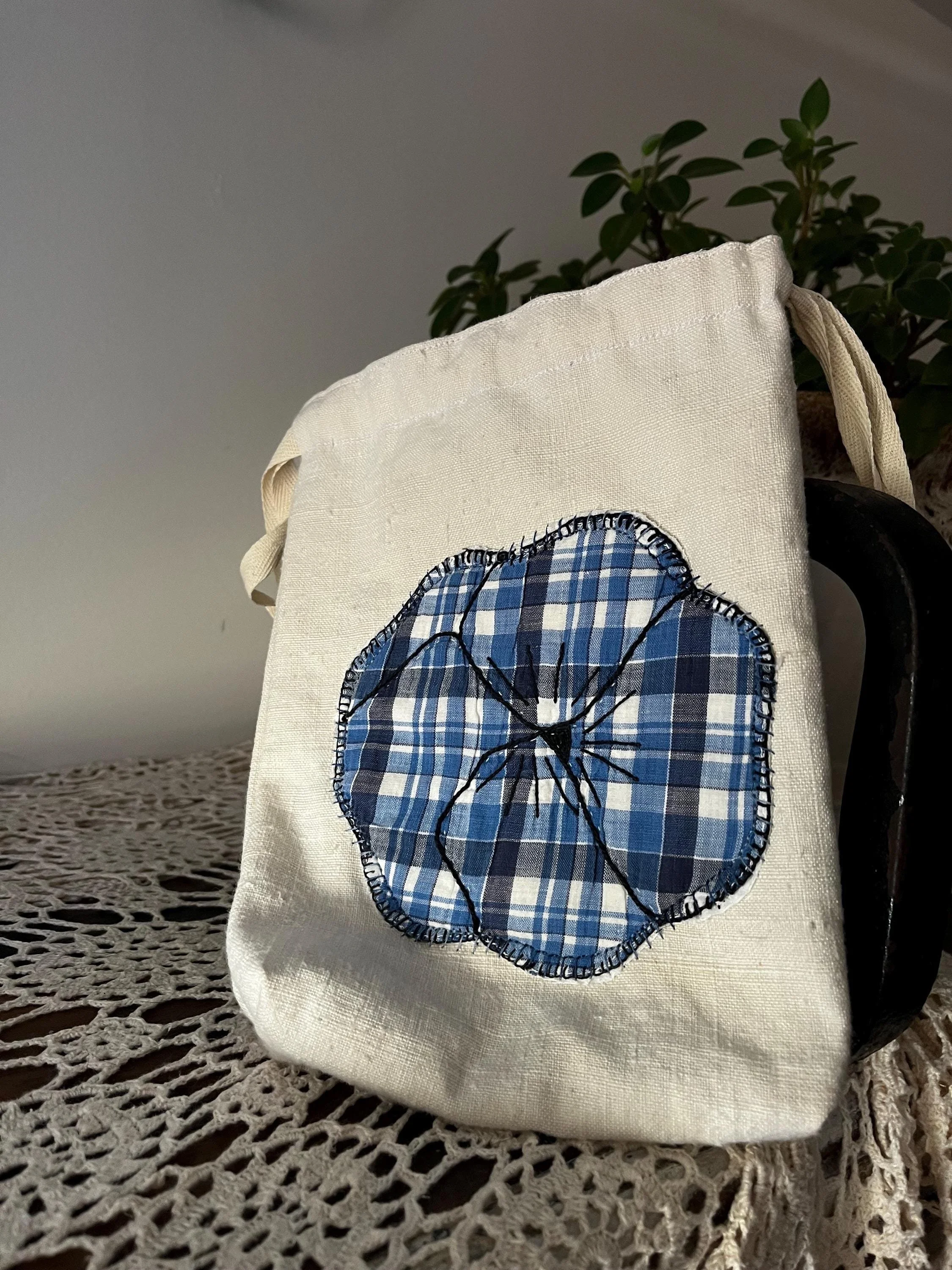 Vintage Feed Sack Cloth Pansy Pouch – Antique Linen Drawstring Bag