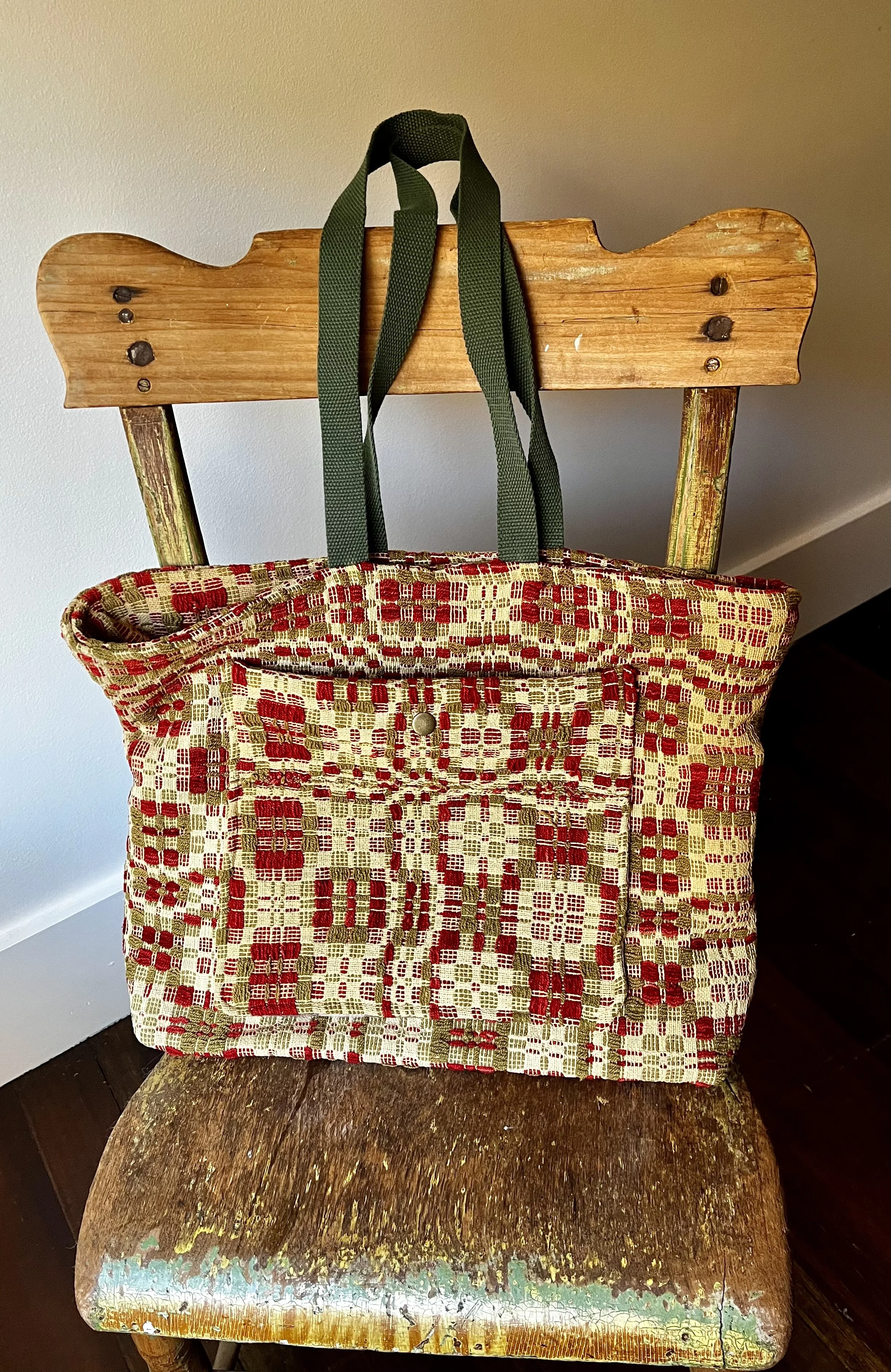 Large antique woven coverlet bag