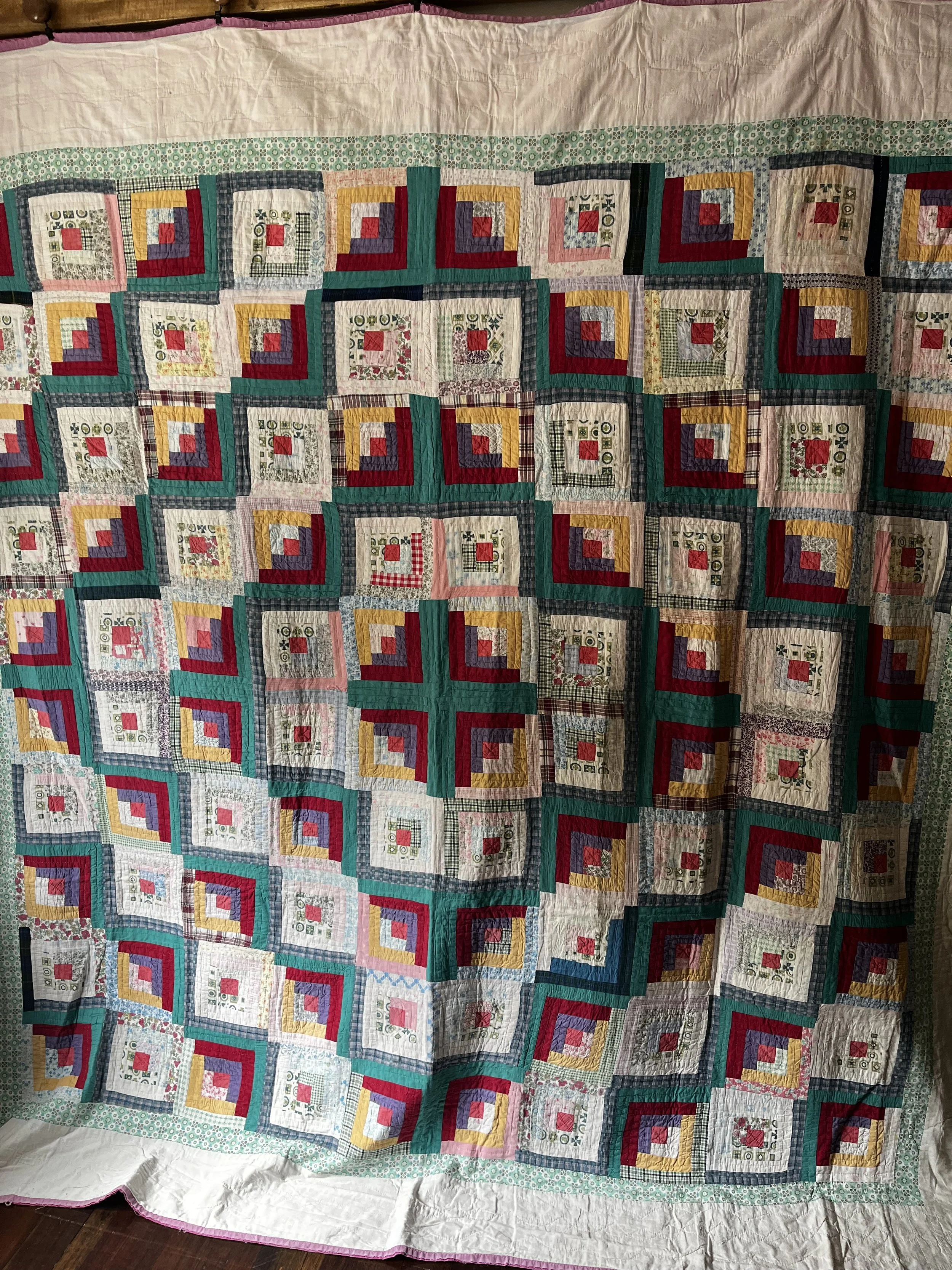 Vintage Handmade Feedsack Log Cabin Quilt