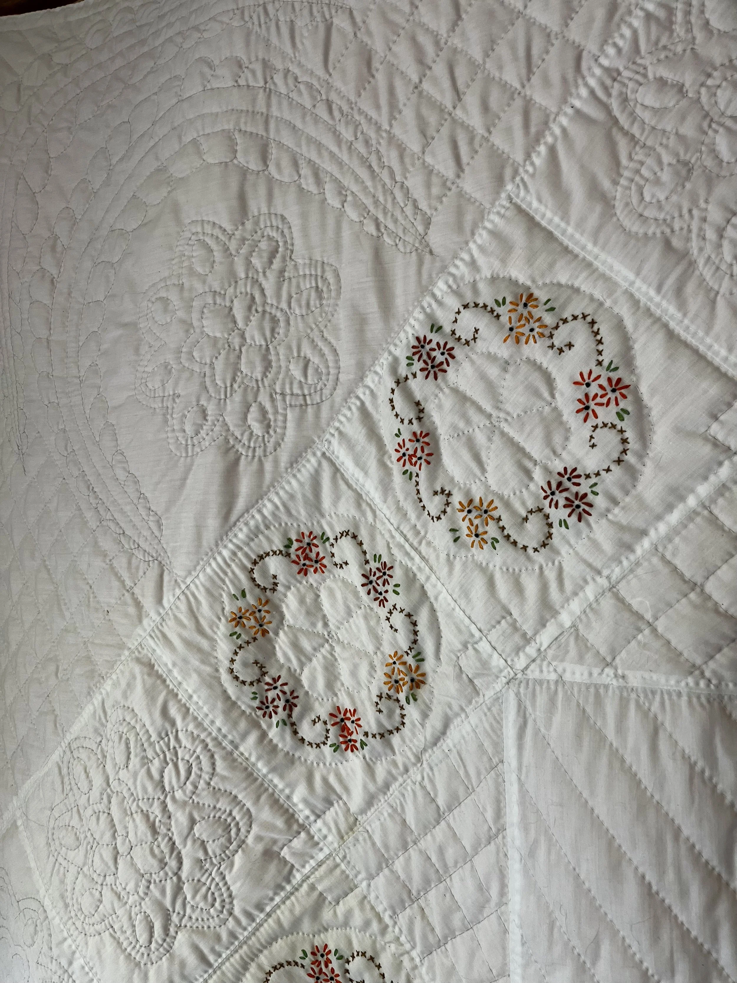 Vintage hand-quilted and hand-embroidered quilt