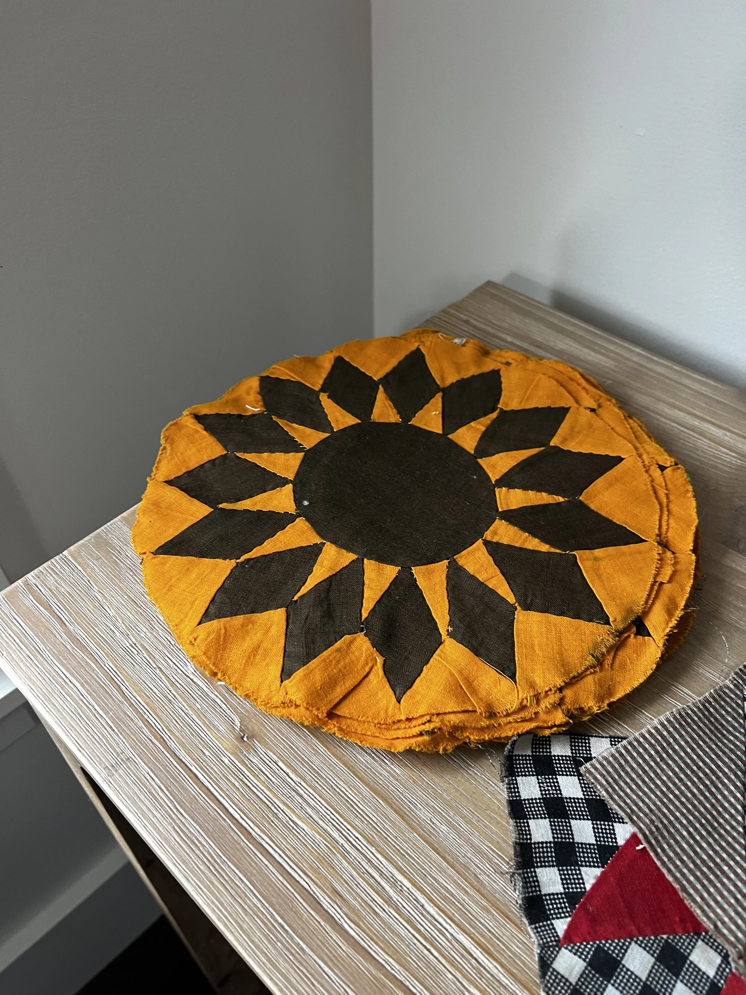 Antique Hand-Pieced Sunburst Quilt Block in Cheddar and Madder Brown