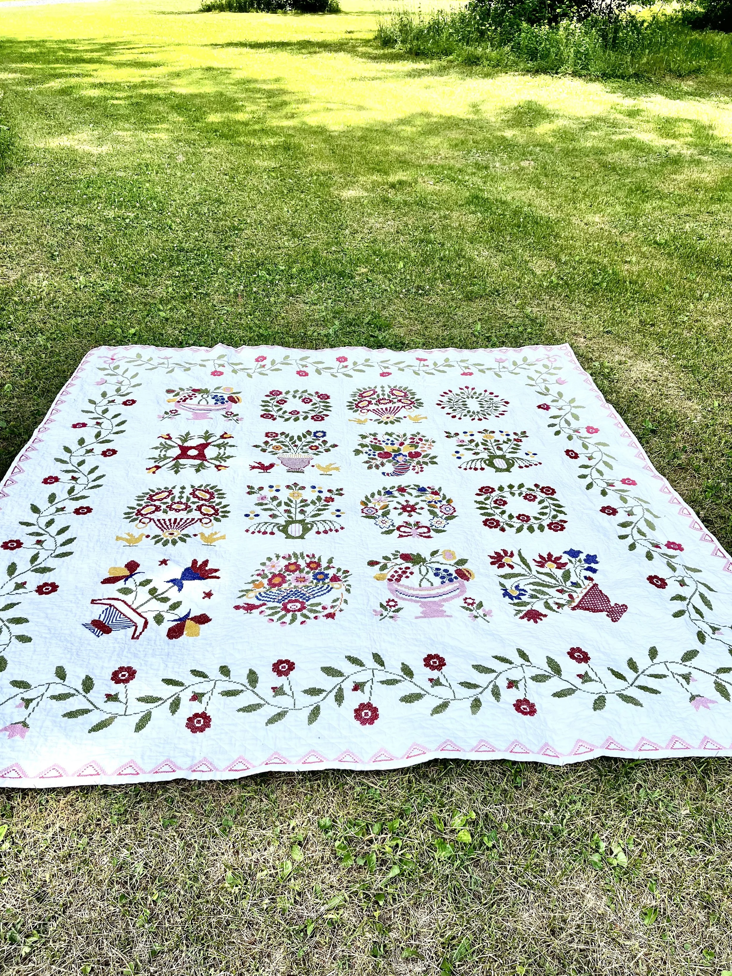 Vintage Embroidered Brilliant Folk Art Handmade Quilt