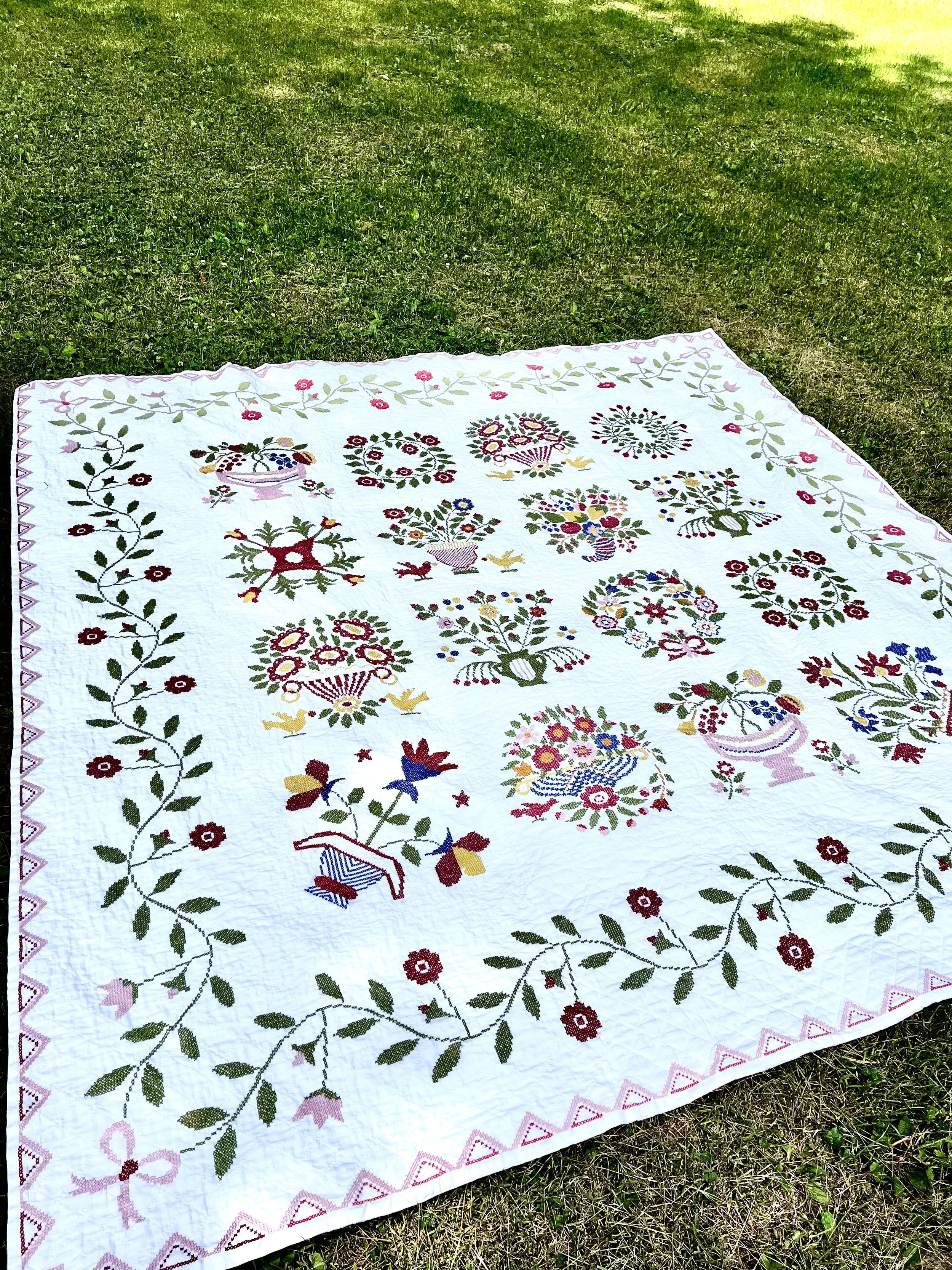 Vintage Embroidered Brilliant Folk Art Handmade Quilt