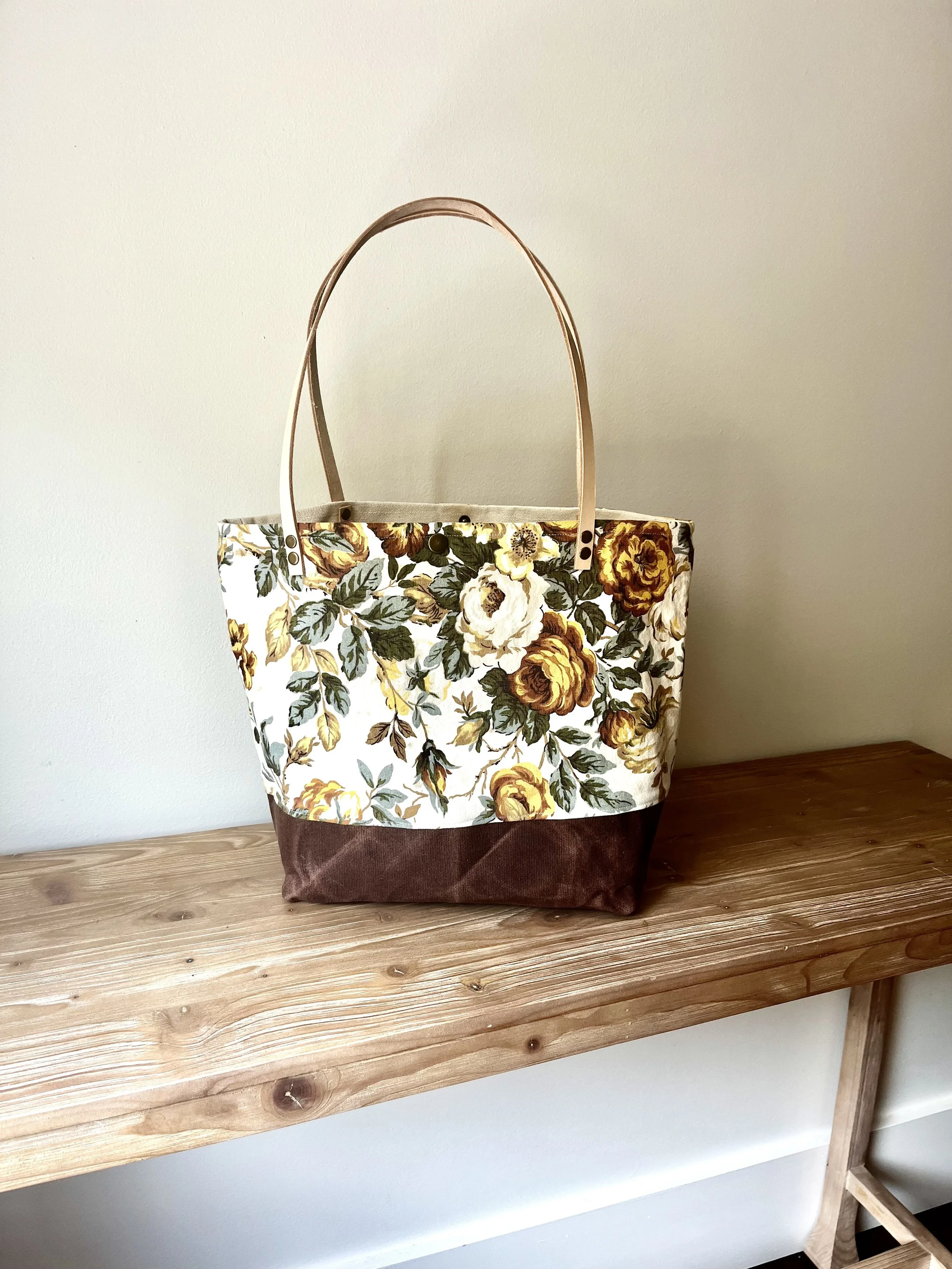 Vintage Tablecloth Bag with Leather Straps and Rivets
