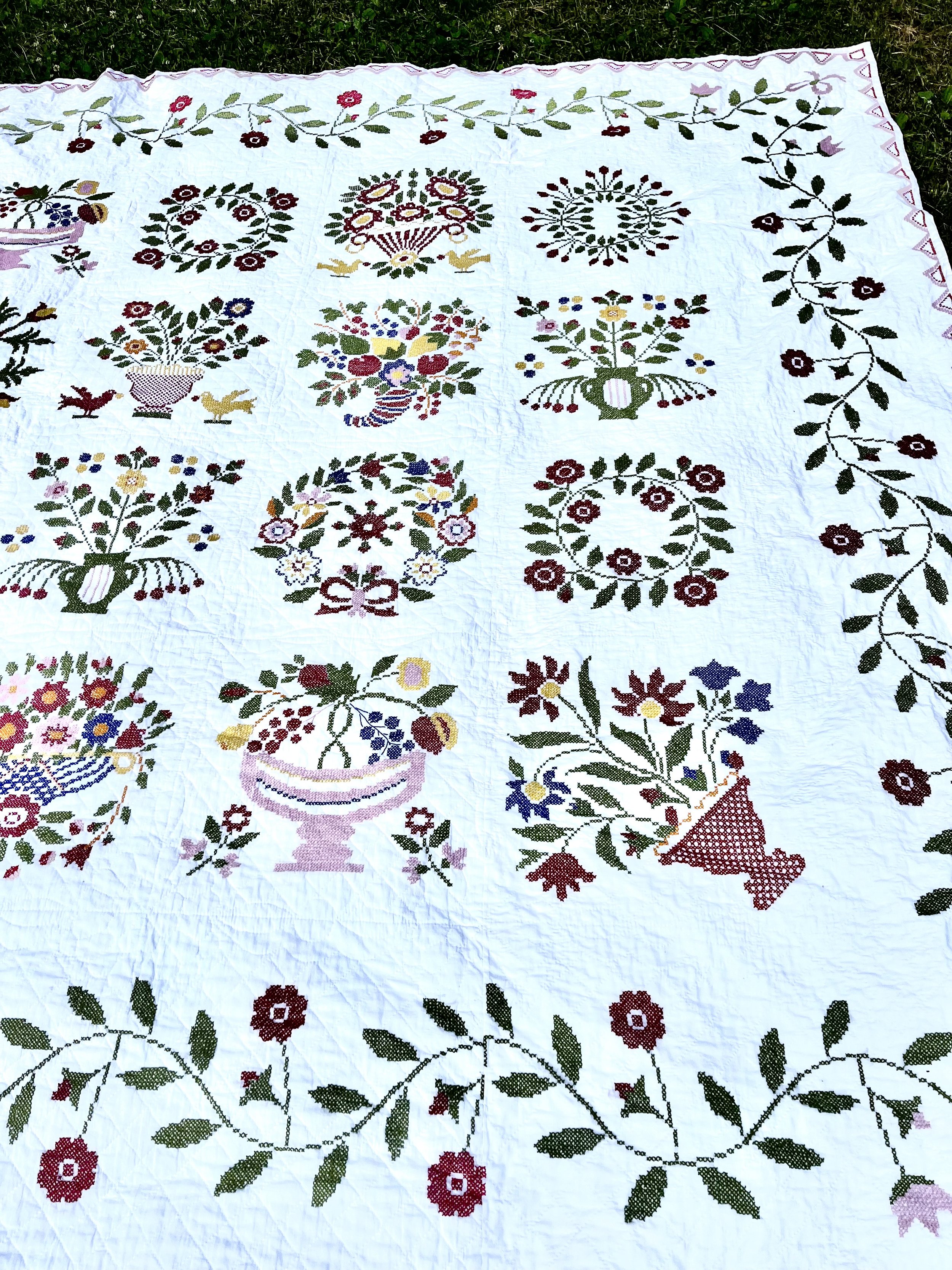 Vintage Embroidered Brilliant Folk Art Handmade Quilt