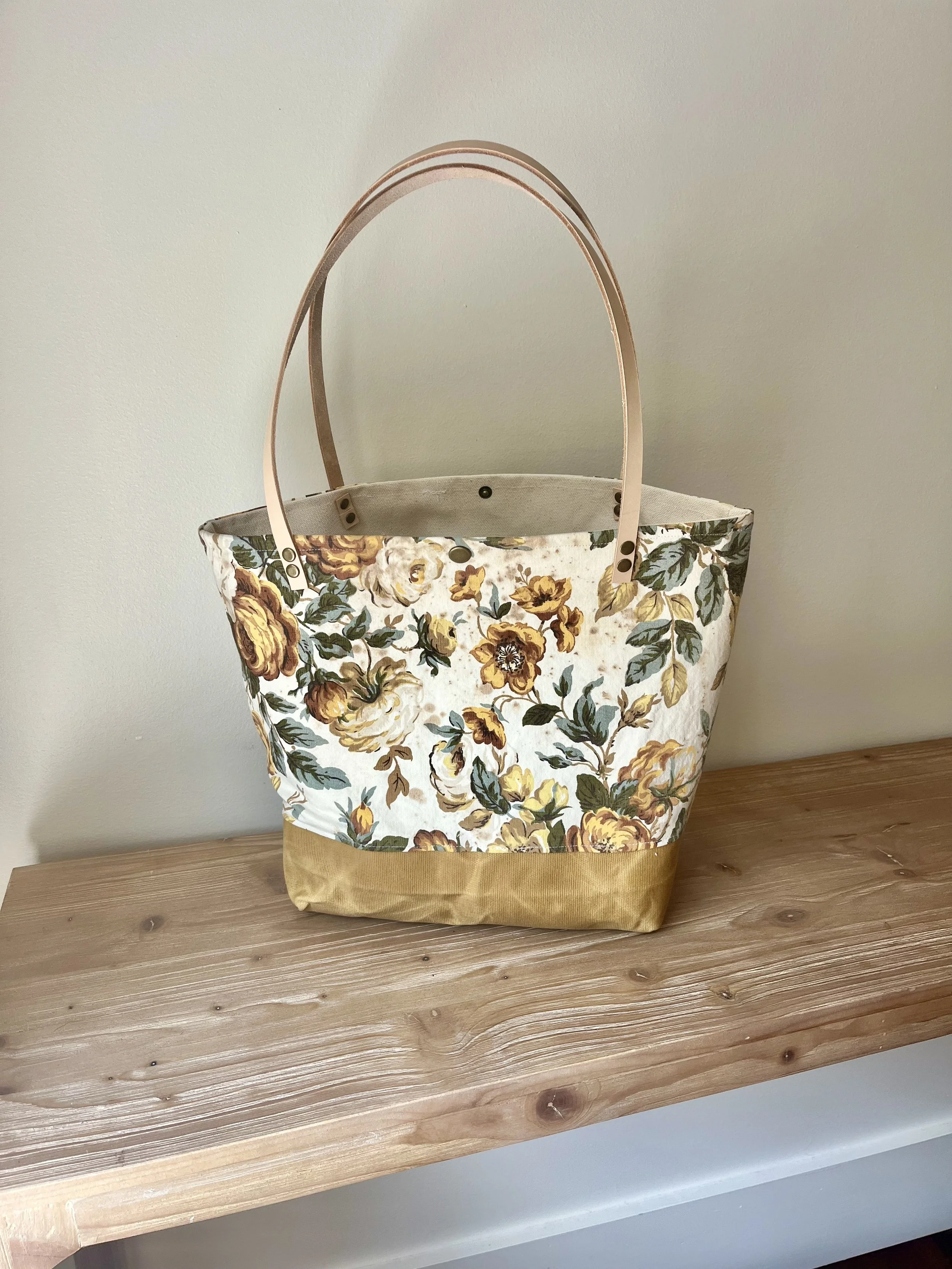 Vintage Tablecloth Bag with Leather Straps and Rivets