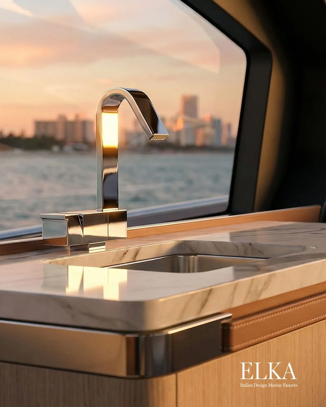 Design that knows when to step aside. 
Part of our Tip-up Collection, the Model 9040 is the ultimate solution for under-window installation. Thanks to its fully collapsible and swivel spout, it folds down effortlessly, allowing you to enjoy the view 