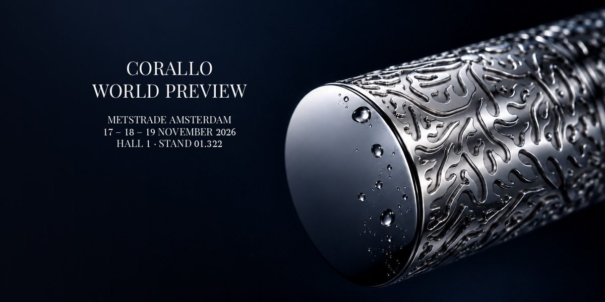 Corallo World Preview: l'incisione a rami di corallo sulla manopola cromata. METSTRADE Amsterdam, 17-18-19 novembre 2026, Hall 1 · Stand 01.322