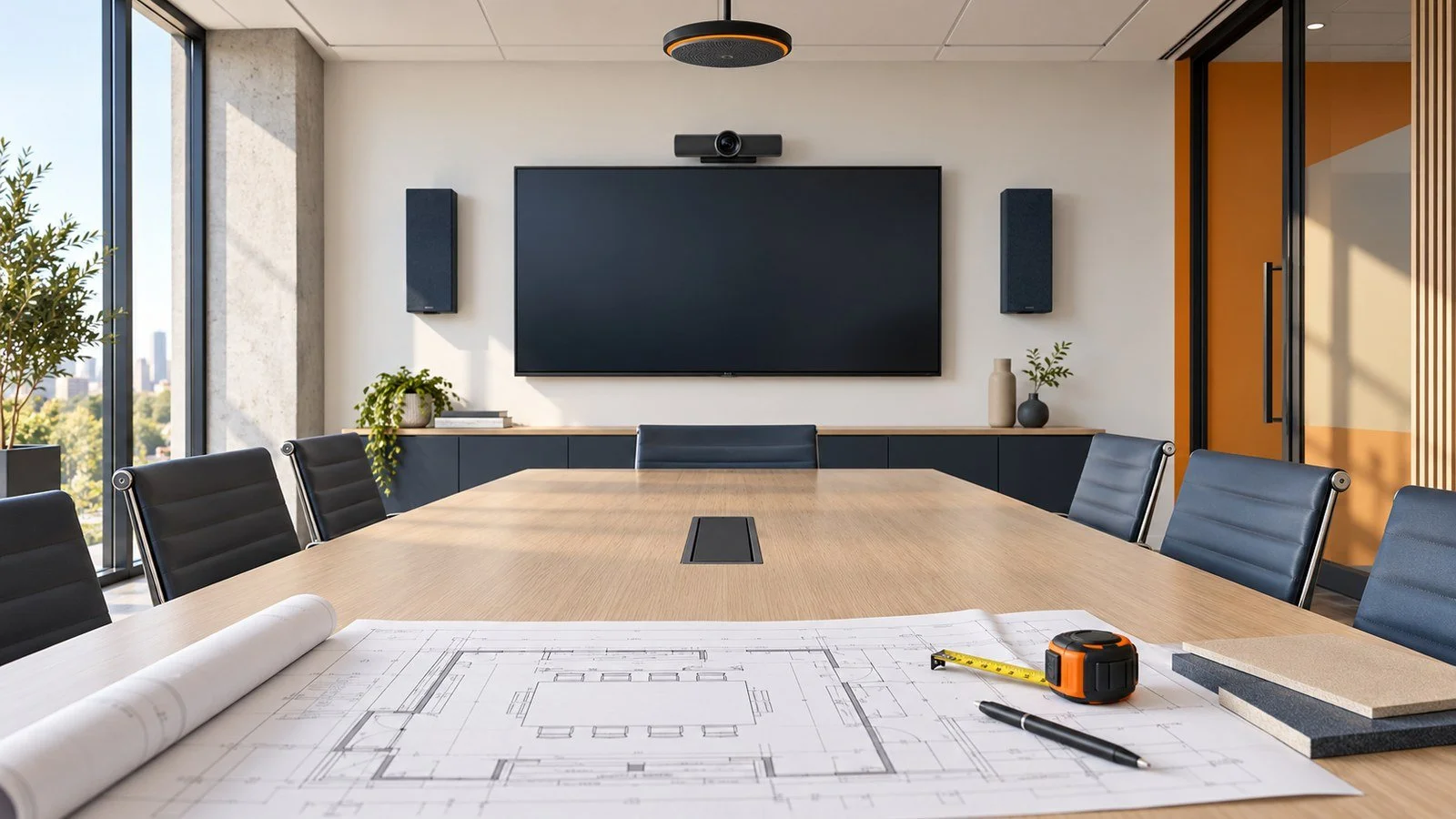 Empty modern meeting room with AV floor plans and measuring tape on the conference table.