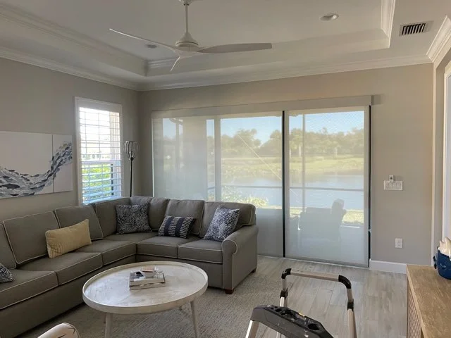 Living Room Roller Shade, 2 Shades, 3% Oyster Pearl Gray with 5 inch wood painted valance.jpg
