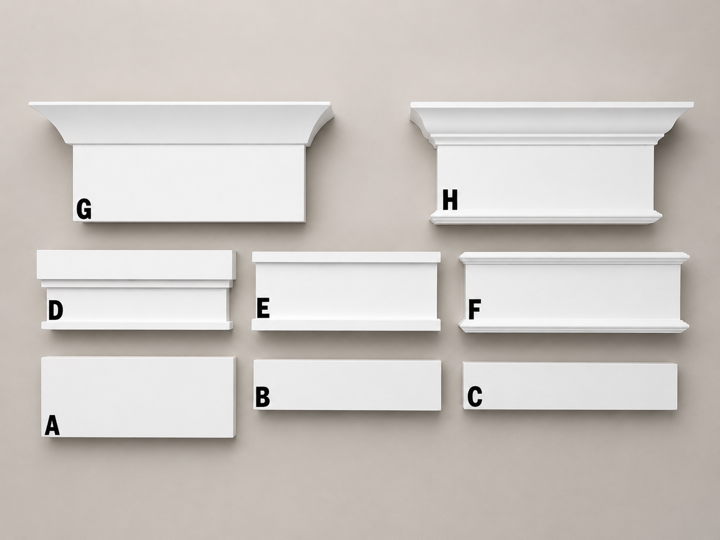 Nine white decorative crown moldings labeled G, H, D, E, F, A, B, and C, arranged against a beige background.