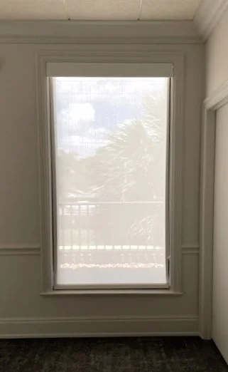 A window covered with a translucent roller blind, showing an outside view with trees.